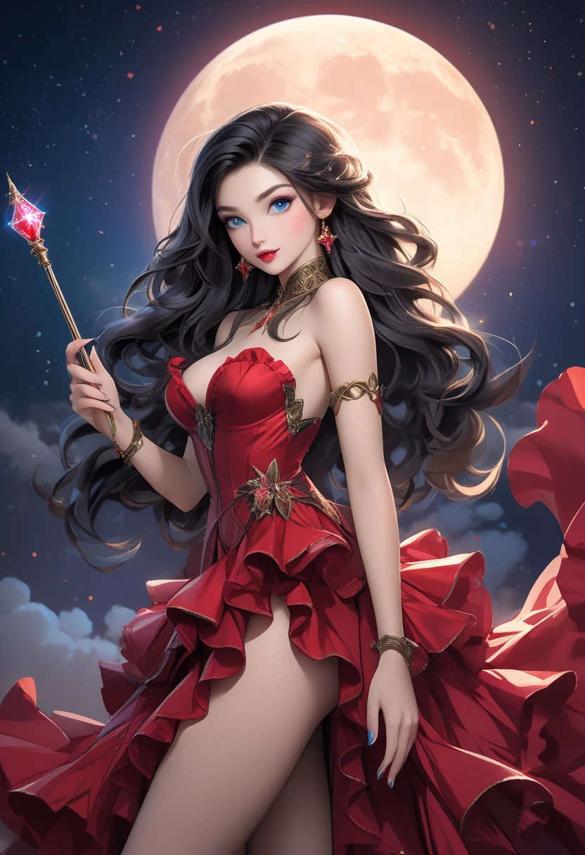 Beautiful woman with very long hair and light brown. Slim and proportionate body. (large chest: 1.5), dressed in ruffled skirt and lace. Well low-cut red top. Standing looking at the full moon