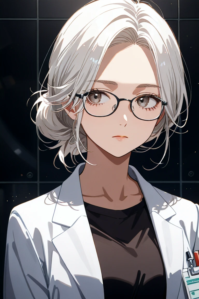 30 year old woman , white hair with black lines,  wearing lab coat  ,  is wearing glasses , With an expressionless face