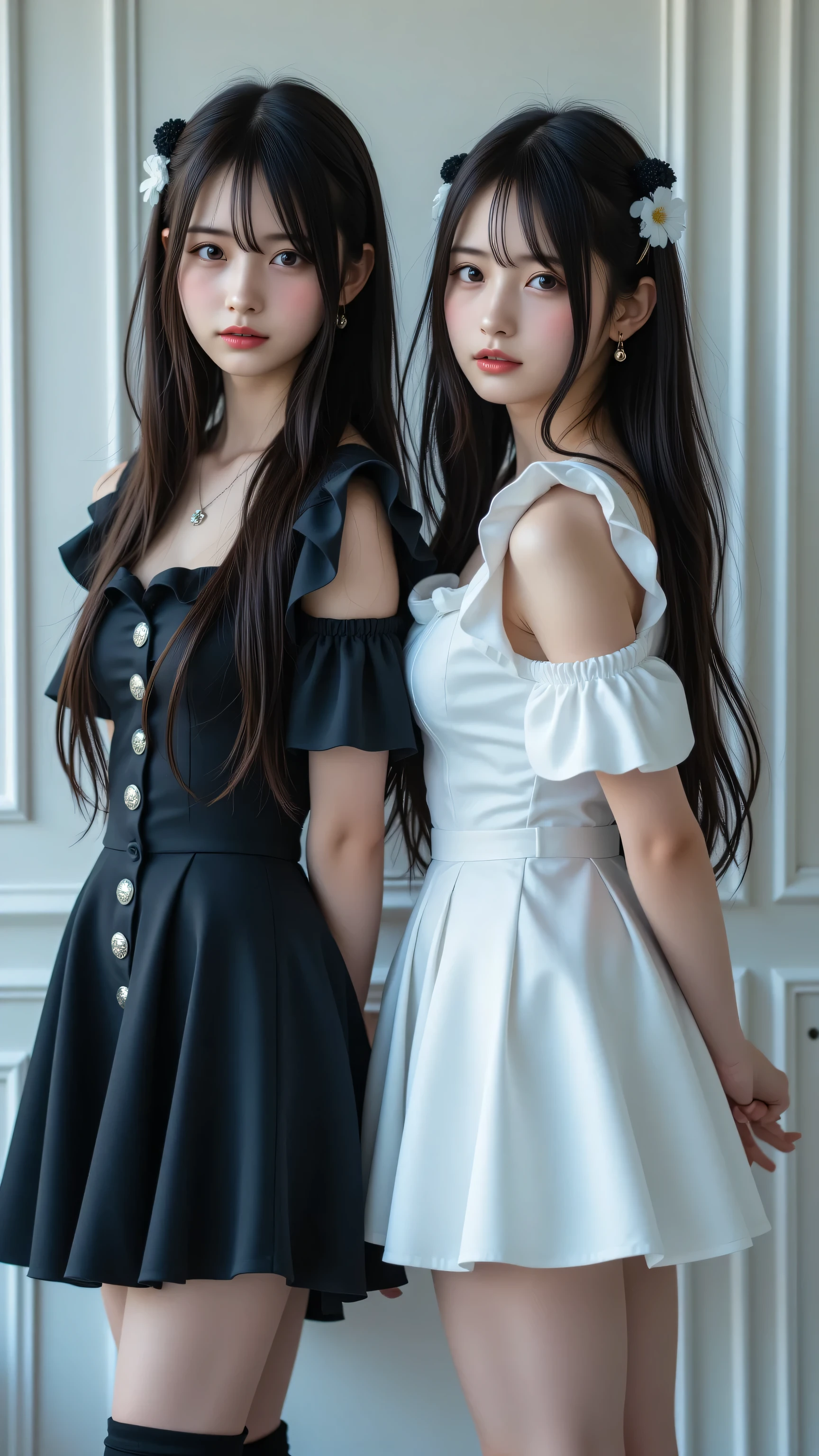 (8k, best quality, masterpiece: 1.2), (realistic, realistic, photorealistic: 1.37), 2 girls, hyper detail, beautiful detail eyes, beautiful detail nose, (((2girl))), black and white maid suit, full body shot, desert, red Nike shoes, elegant standing, one person turns sideways
