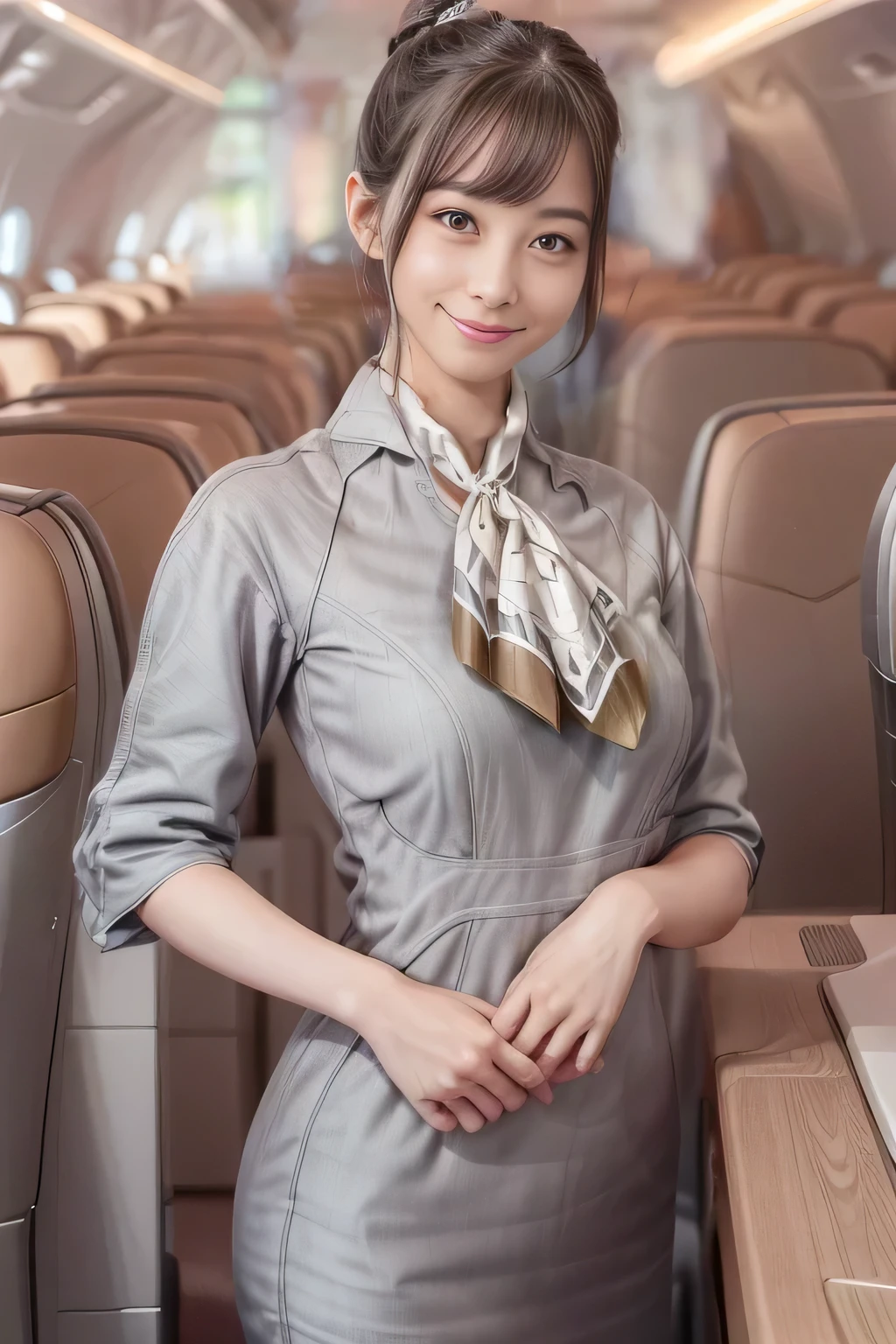 (masterpiece:1.2, best quality:1.2), 32kHDR, High Resolution, (alone、1 girl)、(Starlux Flight Attendant Uniforms)、 (At the airport counter, professional lighting)、A proper woman, beautiful face,、(Starlux Flight Attendant Uniforms Short Sleeve)、(Starlux Flight Attendant Uniforms)、(Scarf on chest)、Big Breasts、(long hair、hair bun)、dark brown hair、 long hit 、(( amazing hands:2.0)),((A harmonious body shape:1.5)),((Normal limbs:2.0)),((Usually refers to:2.0)),((Normal eyes:2.0)))、Beautiful position、smile、Hands crossed underneath