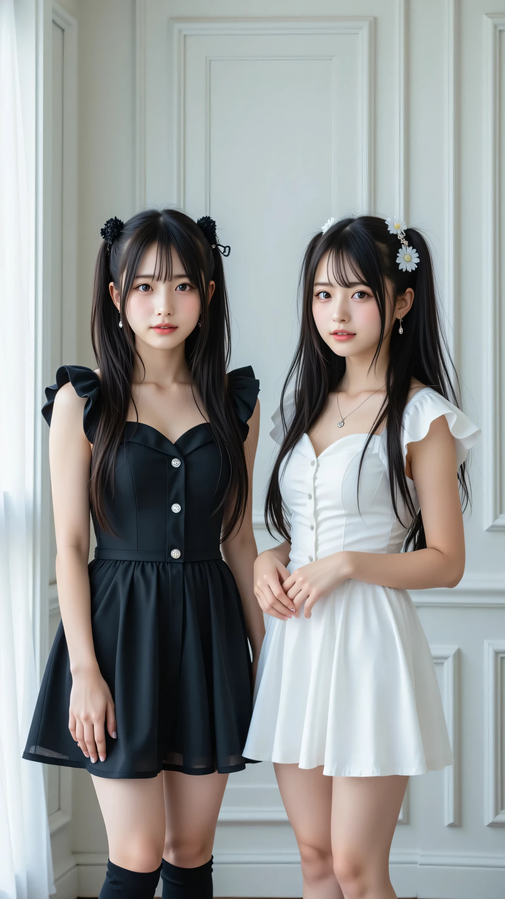 A realistic 4k photo of two young Japanese women with long, straight dark hair styled in twin tails, each adorned with a small hair accessory—a black flower on the left, a white flower on the right. Both have fair complexions and neutral expressions. They stand side-by-side in a cowboy shot (framed from the waist to above the head, with the camera positioned slightly below at hip level, looking up for a dynamic angle). The woman on the left wears a black ta-style dress: ruffled shoulders, fitted bodice with silver buttons, and a short flared skirt; paired with black knee-high socks. The woman on the right wears a white lolityle dress: ruffled sleeves, fitted bodice with silver buttons, and a short flared skirt; paired with white knee-high socks. Their hands are raised lightly to chest level in a graceful pose. The background is a white wall with elegant molding and a closed door. Bright, natural indoor lighting with a soft glow creates a graceful and refined atmosphere. Realistic skin and clothing details, true-to-life colors, raw photo style.