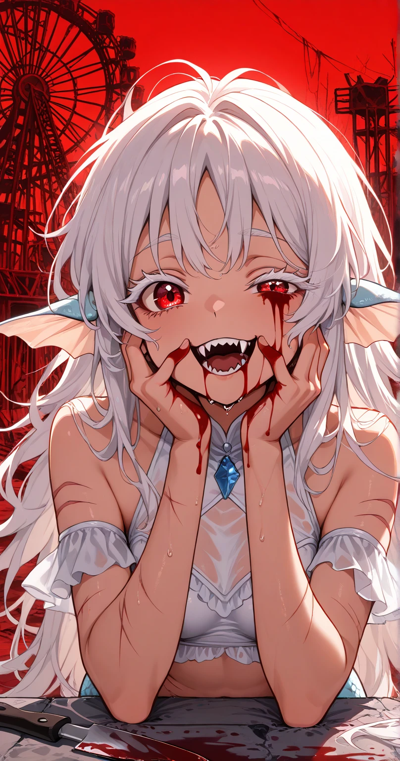 Alone, score_9,score_8_up,score_7_up, anthro female vaporeon, white bra, white panties, cut on arm, blood, pain face, indoors.
