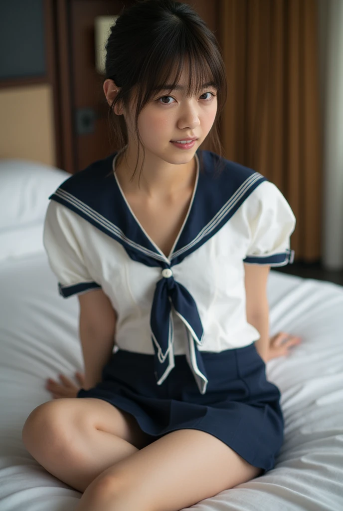 (masterpiece:1.2), Very detailed, Ultra-high resolution, (Realistic, photo Realistic:1.6), High-resolution RAW color photos, Professional photos, Sharp focus:1.2, (Very detailed顔と肌の質感, Very beautiful eyes, Glossのある肌, Glowing Skin, Glowing Skin, Shining Face, Gloss, Oily skin, greasy face, Oily skin, greasy face,),, (real Glossのある肌 texture), Perfect Anatomy, Very detailed背景,((Hotel Bed)), (1 female), (1 female),25-year-old woman, Japanese women,Height: 160cm,Slender legs:1.3,(short hair, Straight hair, bangs, Brown Hair),(Flat Chest:1.6), (((Japanese high school girls uniform,Sailor suit,Knee-length skirt))),(((Strip uniforms:1.5)))