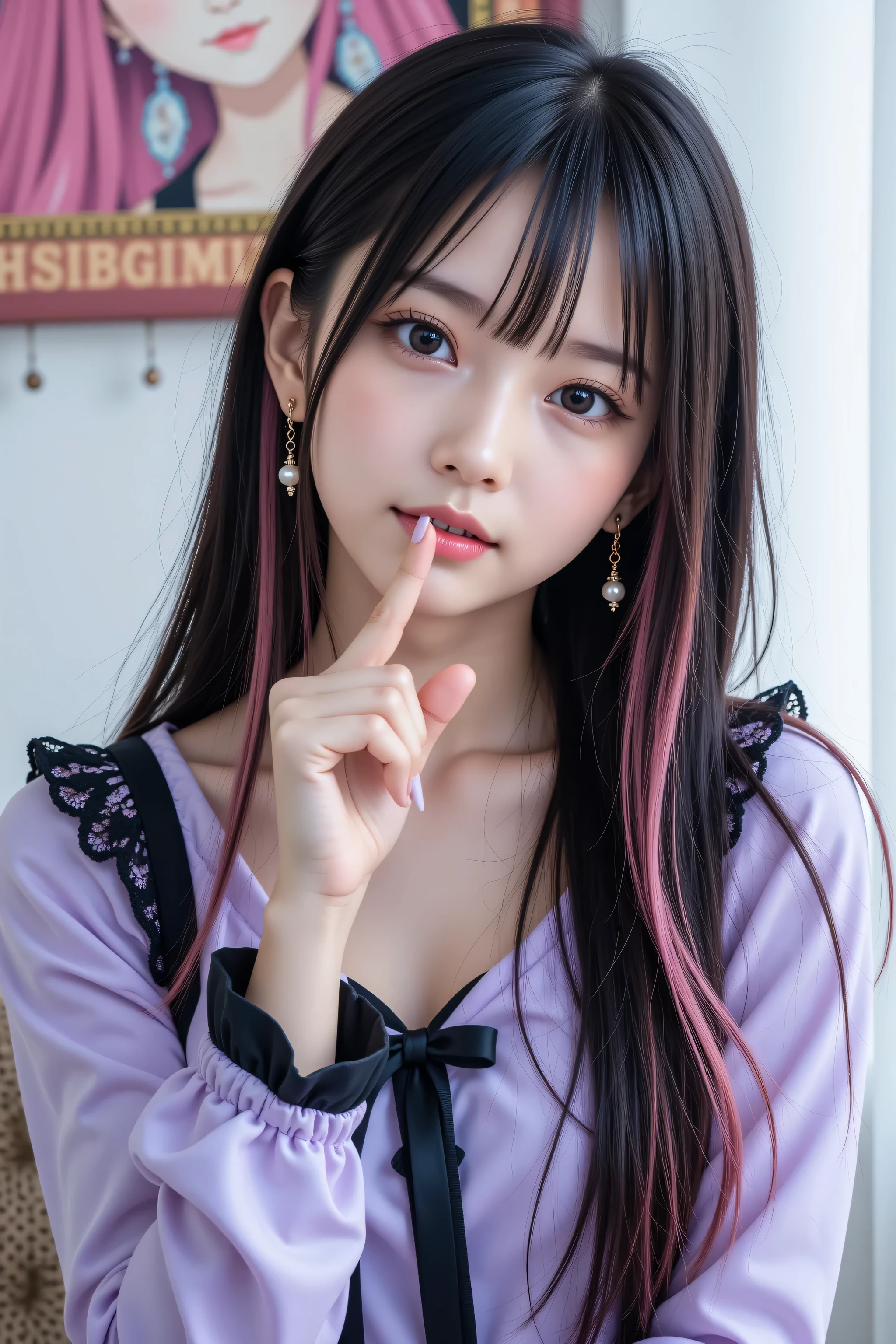A realistic photo of a young Japanese woman posing indoors, captured in a close-up shot from the waist up. She has long, straight black hair with pink streaks on both sides, bangs covering her forehead, and fair, clear skin, wearing a light purple blouse with black ruffled trim, a black lace collar with a black ribbon, and black accents with pearl details on the sleeves. She has a subtle, neutral expression, with one hand raised to her lips in a "shh" gesture, and is accessorized with a small, dangling earring shaped like a cross. The background features a white wall with a colorful anime-style tapestry showing a character with long pink hair. The lighting is soft, natural indoor light, creating a gentle and slightly dreamy atmosphere, 4k resolution, realistic skin and clothing details, true-to-life colors, raw photos.