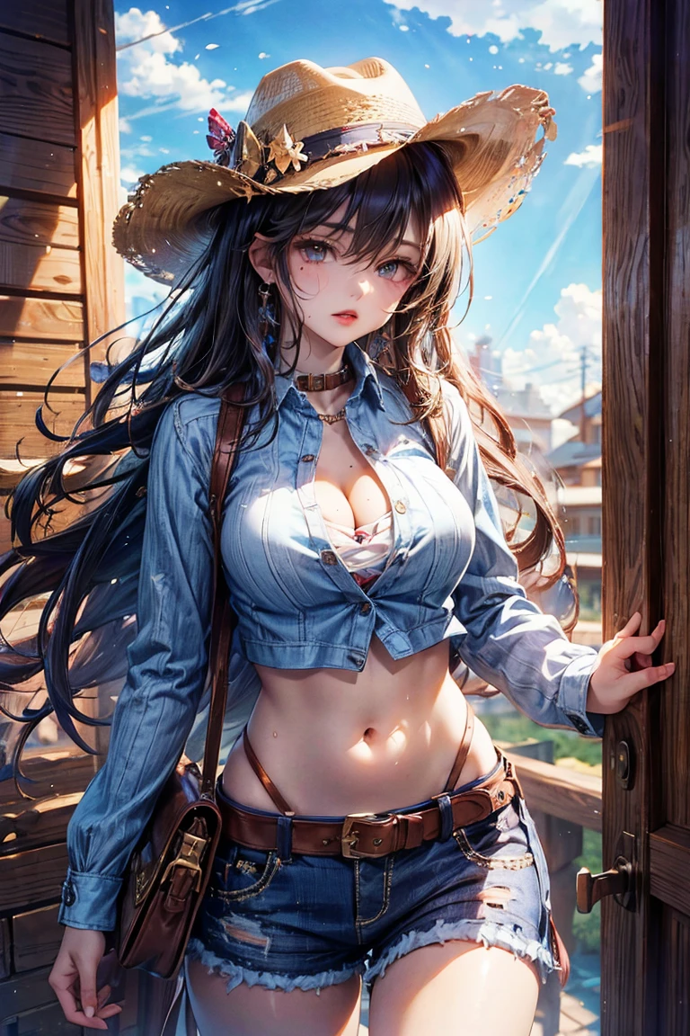 sit with legs wide open, cowgirl fashion, mini skirt, western boots, western hat, western fashion, lace bra and panty, super high image, super detail, super high resolution, anime, manga, illustration, cool beauty, white glossy short wavy flowing layered messy hair, blue big sparkling sharp eyes, red alluring moist thick lips, ecstatic expression, amorous expression, seductive look, huge breasts, under boob, side boob, great proportion, perfect proportion, slender, full body, professional lighting