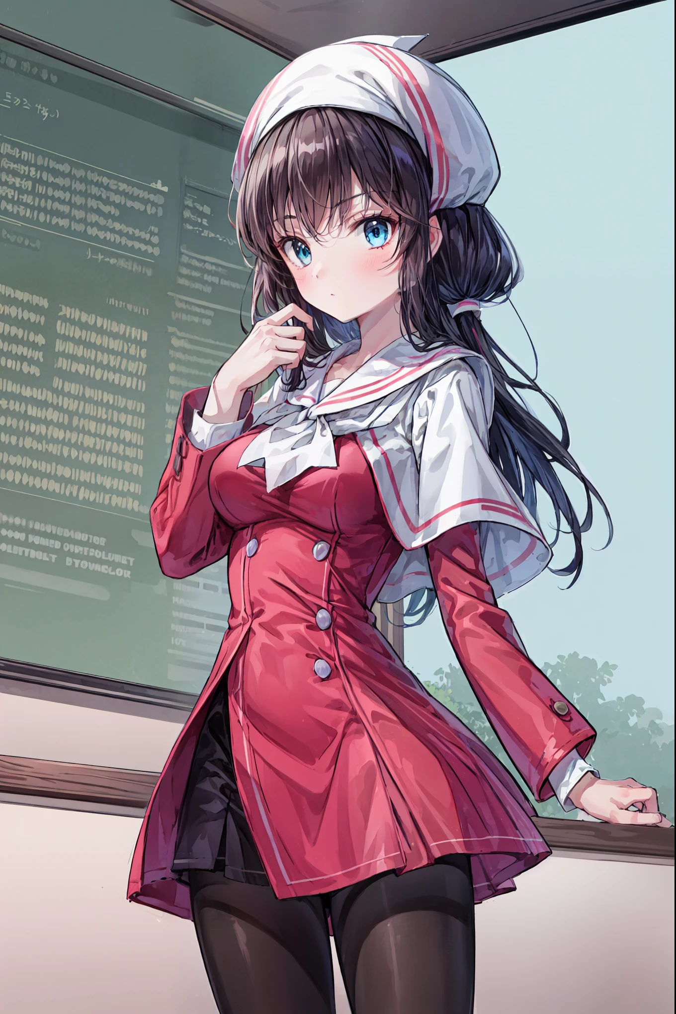 masterpiece, 1 girl, sparrow , dark-haired girl, in、 she's wearing a medieval white priest's suit , curly long hair, messy hair, slender bodies, wears a brown capelet and wears a hood, I'm wearing a golden capelet and hood with my left eye closed , Shirt ornament , Aqua Eyes, shows her back , stupid hair, black vest, babies for breeding species , big breasts, beautiful breasts, Round Breasts, braided hair, White Maid Headbands , long sleeve, beautiful eyes, white stockings, droopy eyes, miniskirt, brown skirt to hide off-screen hands, plaid skirt, she pees on the bed, She shows off her pants , Her age is 19 years old