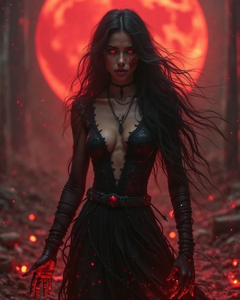  witch , ,burning village ,dark red  Magic devil book , flat chest , slim , very long pitch black hair , red eyes , veins, possessed by the Devil ,old witch robe, 