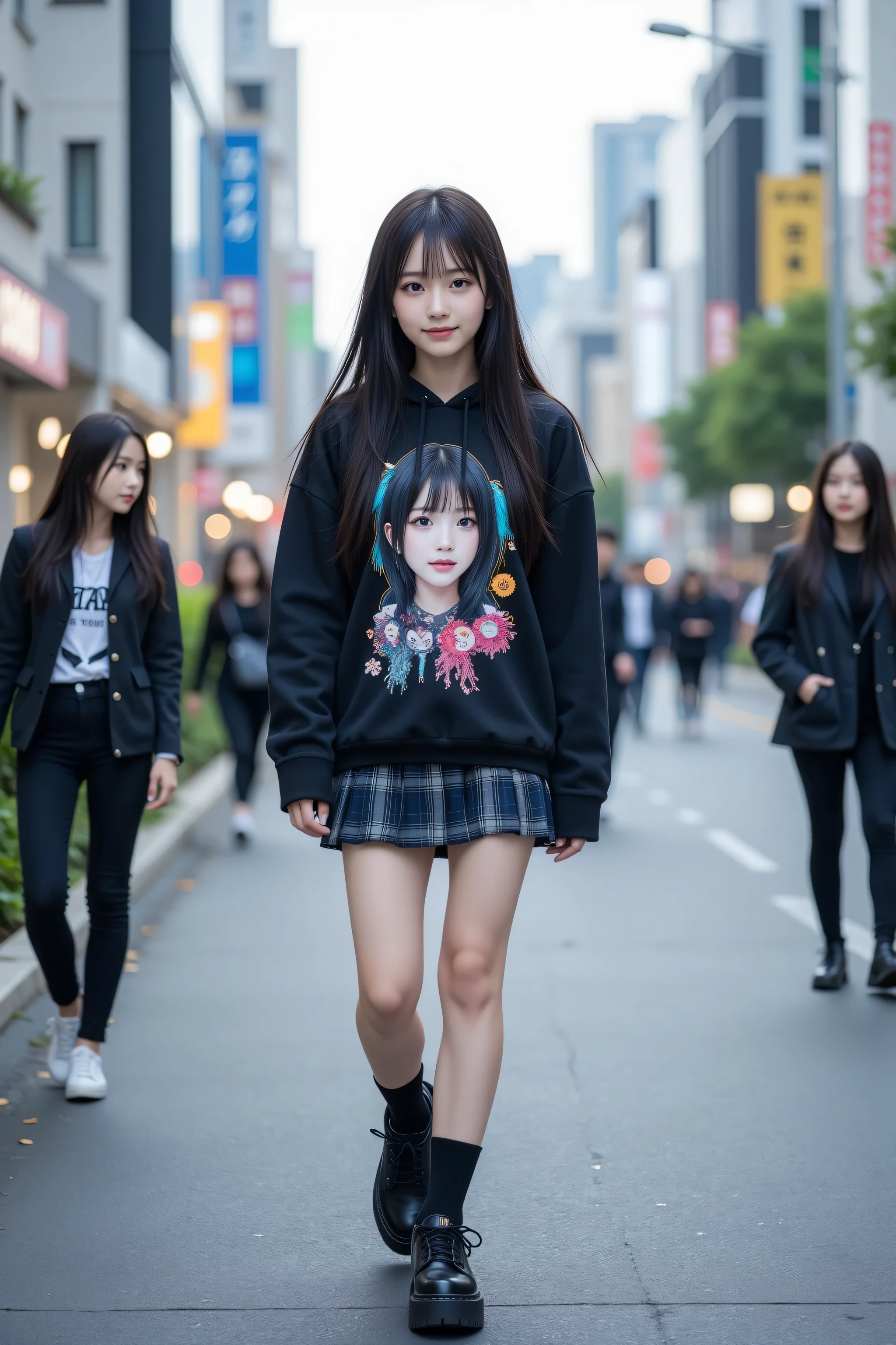 A realistic photo of a young Japanese woman walking on a busy Shibuya street, captured in a full-body shot with a slight motion blur, showing her mid-step with one leg forward. She has long straight dark hair with bangs, fair complexion, and a subtle, cheerful smile, wearing a black oversized hoodie with a graphic print featuring a colorful, eerie character design on the back, a navy blue and gray plaid mini skirt, black thick-soled platform sneakers, and black knee-high socks. The background features blurred modern buildings, greenery along the sidewalk, distant lights, and a few more blurred pedestrians, creating a vibrant urban atmosphere. Soft daylight, slightly grainy texture, authentic street photography style, 4k resolution, realistic skin and clothing details, true-to-life colors, raw photos.