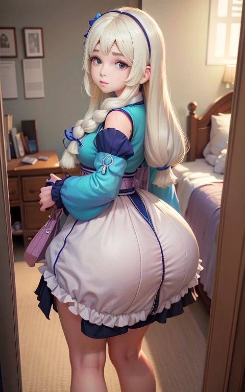 NSFW, Top-quality, Super high resolution, Masterpiece, Highres, 8k, UHD, Detailed lighting, Shaders, Realism, 1girl, Solo, Pubic area is clear, Perfect body beauty, Beautiful girl at 20 years old, Very beautiful face, Nude, Breast out, Big , Sexy big , Voluptuous, Plump, Chubby, Thick thighs, Big ass, Cleavage, Sexy hanfu clothes, Panties are visible, The most beautiful white hair in the world, Wetted skin, White and beautiful shiny skin, Glowing big beautiful light blue eyes, Sleeping on the Bed, Back stance, Ass pouted, Round butt, Ass pouted, Butt up, Film texture