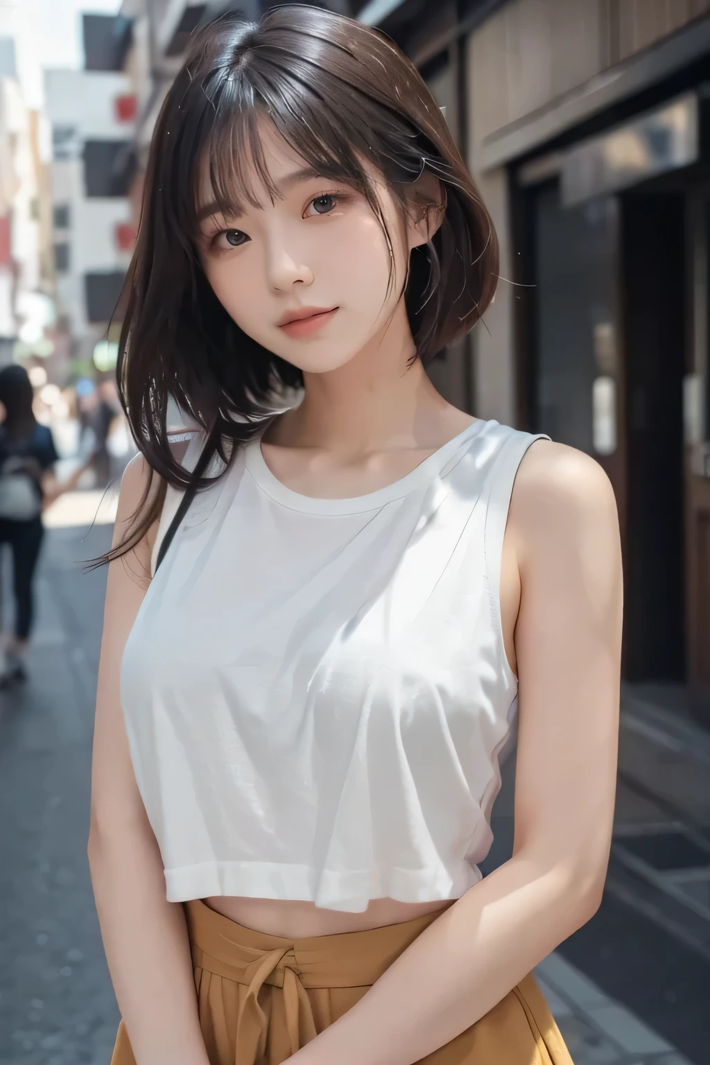 ((Realistic lighting, best quality, 8k, masterpiece: 1.3)), clear focus: 1.2, 1 girl, Perfect body: 1.4, slim abs: 1.1, ((dark brown hair)), (white crop top: 1.4), (outdoor, night: 1.1), city street, The face is super delicate, beautiful eyes, double eyelids,