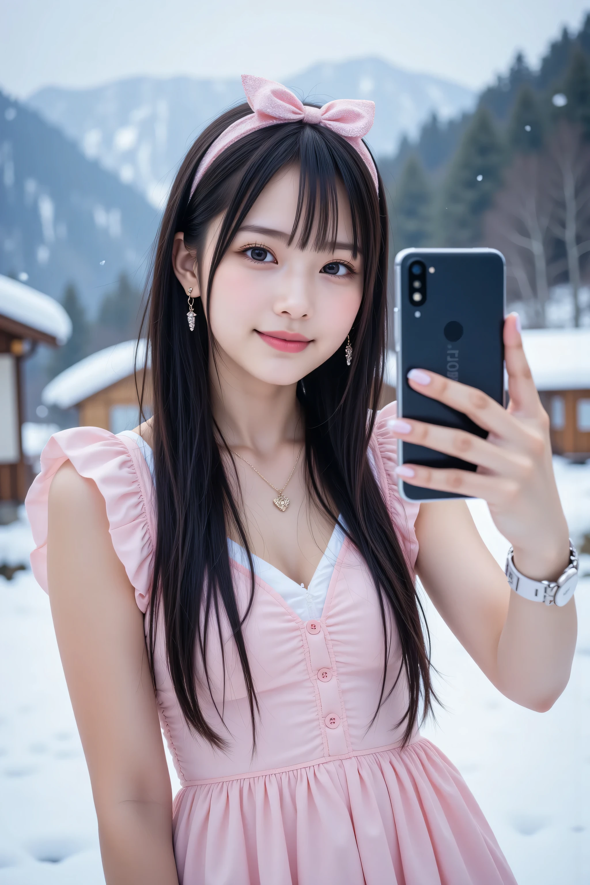 A realistic photo of an amateur Japanese woman, framed in a close-up zoom angle focusing on her upper body and face (from chest to above the head), taken in a snowy Hokkaido mountain village with blurred snow-covered trees and cabins in the background. She has a cute, warm smile, fair complexion, and long straight dark hair with a glittery pink hairband, wearing a lightweight pastel pink frilly dress, white ankle socks, and pink ballet flats, accessorized with a heart-shaped necklace and small pearl earrings. Her hand is extended out of the frame, holding a Sony Xperia smartphone (with a sleek, slim design and distinctive camera layout visible) to take a spontaneous, unpolished selfie, with no phone visible in the image. Soft winter lighting, slightly grainy texture, authentic amateur photography style, 4k resolution, realistic skin and clothing details, true-to-life colors, raw photos, selfies.
