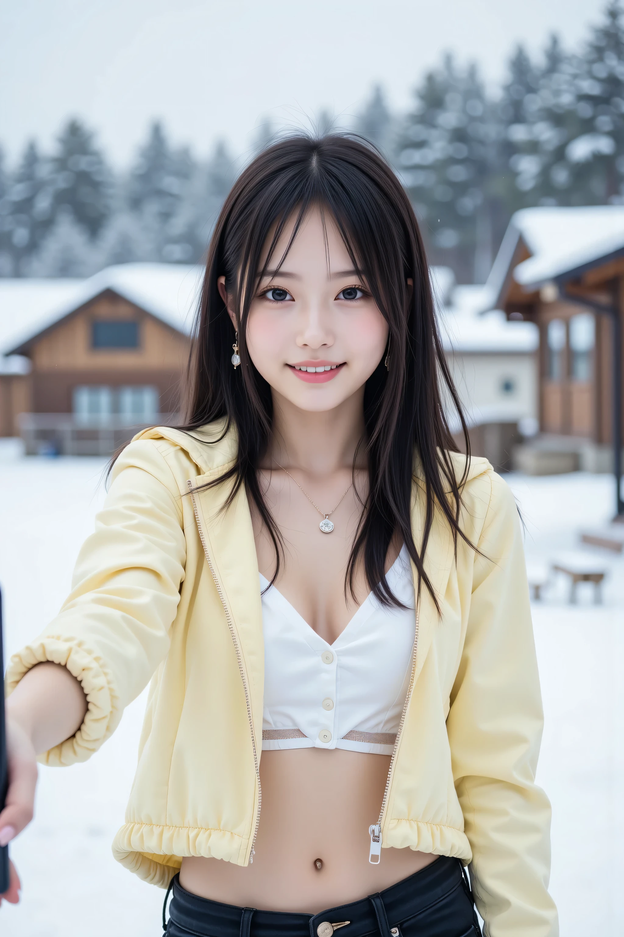 (top-quality、8K、32K、masterpiece、nffsw:1.2)、Cute Japan pictures of married girls、A smile、beauitful face、(Slouched:1.3)、crouching down、(From above:1.2)、(a closeup:1.4)、POV、Loose-fitting T-shirt、large full breasts、(beautiful nipple slips:0.9)、outside of house、the wind、shinny skin、blurry backround,((heavy snow)),Cleavage,large breast