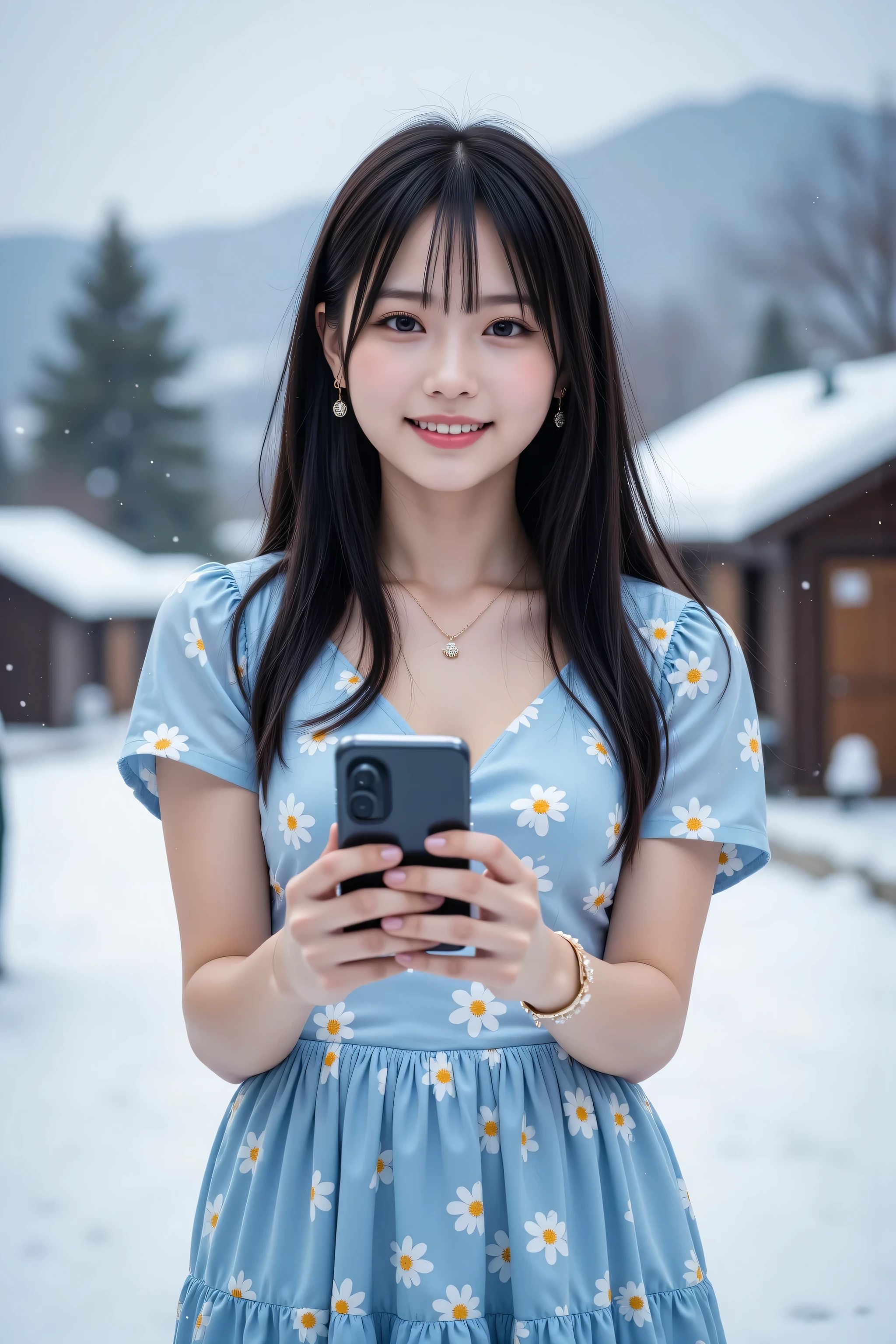 A realistic Galaxy smartphone selfie of an amateur Japanese woman, framed in a close-up zoom angle focusing on her upper body and face (from chest to above the head), taken in a snowy Hokkaido mountain village with blurred snow-covered trees and cabins in the background. She has a cute, warm smile, fair complexion, and long straight dark hair, wearing a lightweight light blue floral dress (with small yellow flowers), and white sandals. She’s holding a Galaxy smartphone (with a sleek design and large screen visible) naturally with both hands, capturing a spontaneous, unpolished selfie. Soft winter lighting, slightly grainy texture, authentic amateur photography style, 4k resolution, realistic skin and clothing details, true-to-life colors, raw photos, selfies.