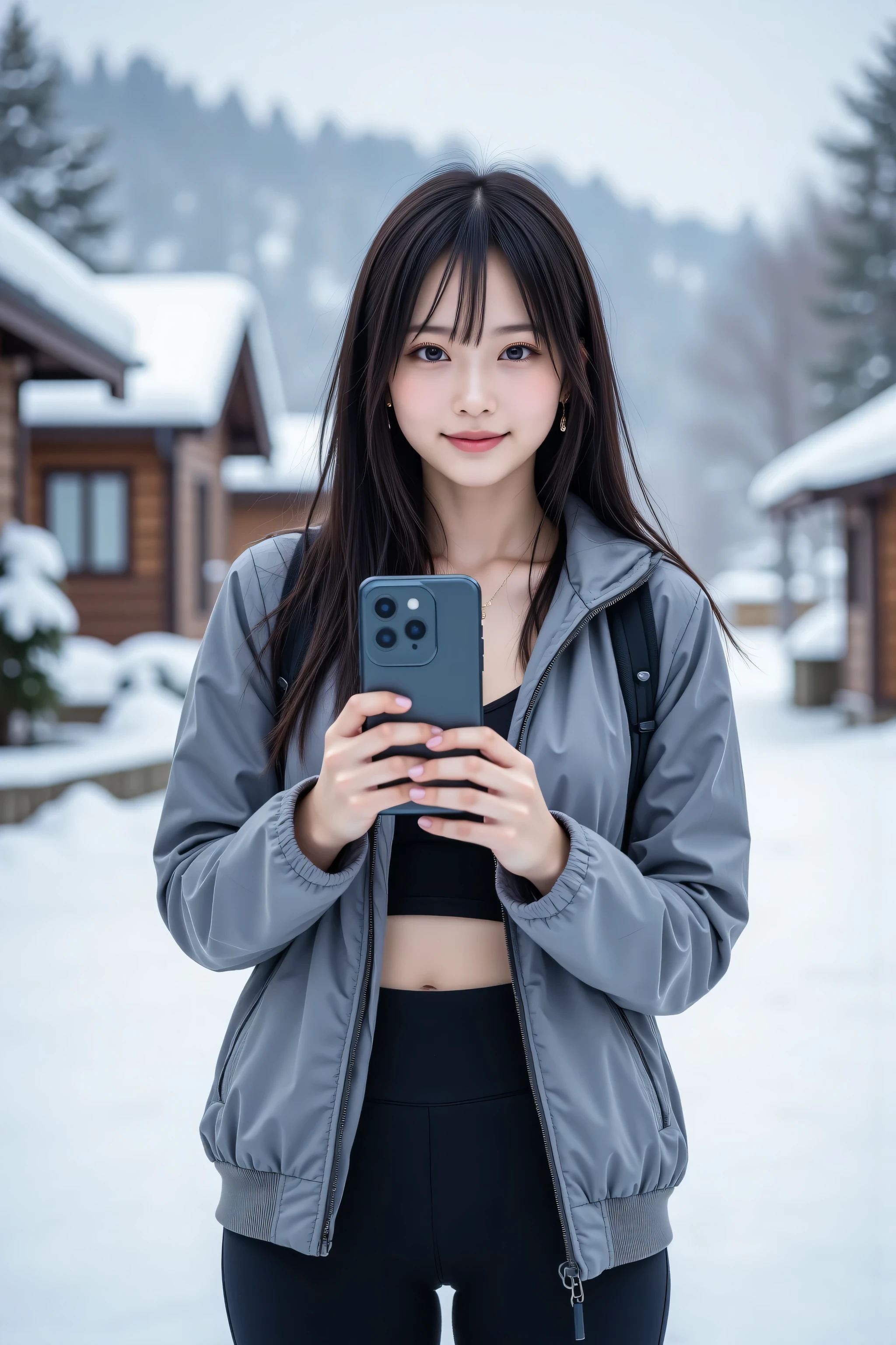 A realistic Galaxy smartphone selfie of an amateur Japanese woman, framed in a close-up zoom angle focusing on her upper body and face (from chest to above the head), taken in a snowy Hokkaido mountain village with blurred snow-covered trees and cabins in the background. She has a cute, warm smile, fair complexion, and long straight dark hair, wearing a lightweight sporty jacket (gray with a fitted zip-up design), a black tank top, and black leggings. She’s holding a Galaxy smartphone (with a sleek design and large screen visible) naturally with both hands, capturing a spontaneous, unpolished selfie. Soft winter lighting, slightly grainy texture, authentic amateur photography style, 4k resolution, realistic skin and clothing details, true-to-life colors, raw photos, selfies.