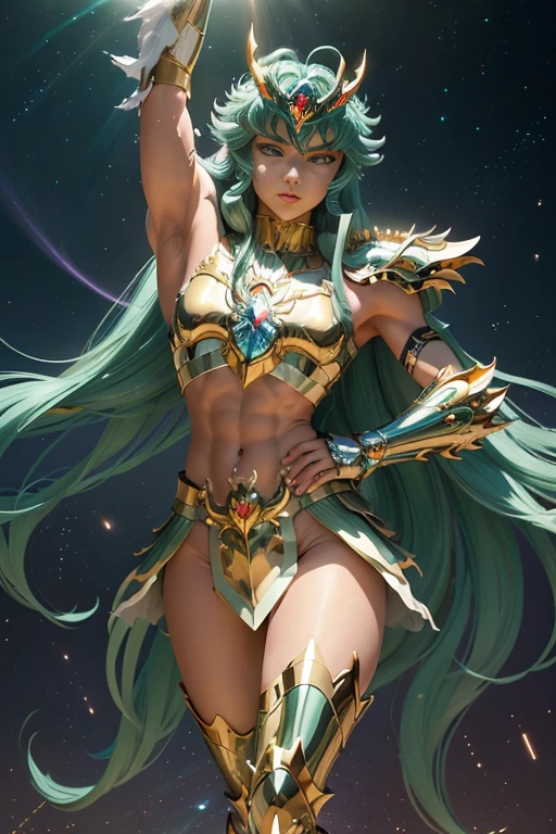 Ultra-high saturation,(tmasterpiece), fully body photo,(best qualtiy), (1girll), starryskybackground,Wearing shiny gold armor, very sexy lingerie type armor,Expose your chest,Expose the waistline,Exposing thighs,cool-pose, Saint Seiya Armor, messy hair,high detal, Anime style, Cinematic lighting, Sparkle, god light, Ray tracing, filmgrain, hyper HD, textureskin, super detailing, Anatomical correct, A high resolution,Ultra-high saturation,hight contrast,High-gloss green armor,Smooth skin,Serious expressions,dragon lighting at background