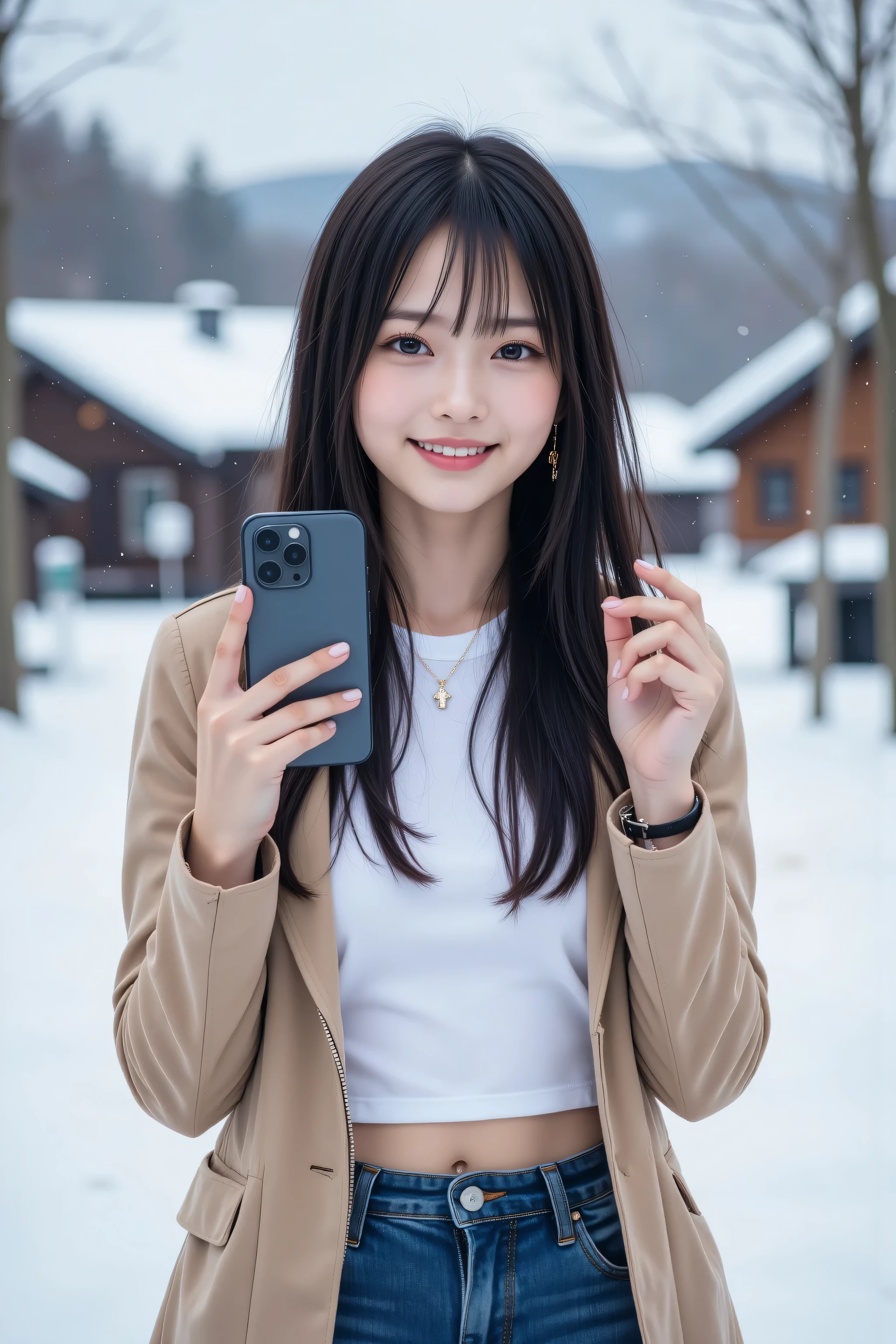 A realistic Galaxy smartphone selfie of an amateur Japanese woman, framed in a close-up zoom angle focusing on her upper body and face (from chest to above the head), taken in a snowy Hokkaido mountain village with blurred snow-covered trees and cabins in the background. She has a cute, warm smile, fair complexion, and long straight dark hair, wearing a lightweight suede jacket (beige with a soft texture), a white t-shirt, and high-waisted denim shorts. She’s holding a Galaxy smartphone (with a sleek design and large screen visible) naturally with both hands, capturing a spontaneous, unpolished selfie. Soft winter lighting, slightly grainy texture, authentic amateur photography style, 4k resolution, realistic skin and clothing details, true-to-life colors, raw photos, selfies.