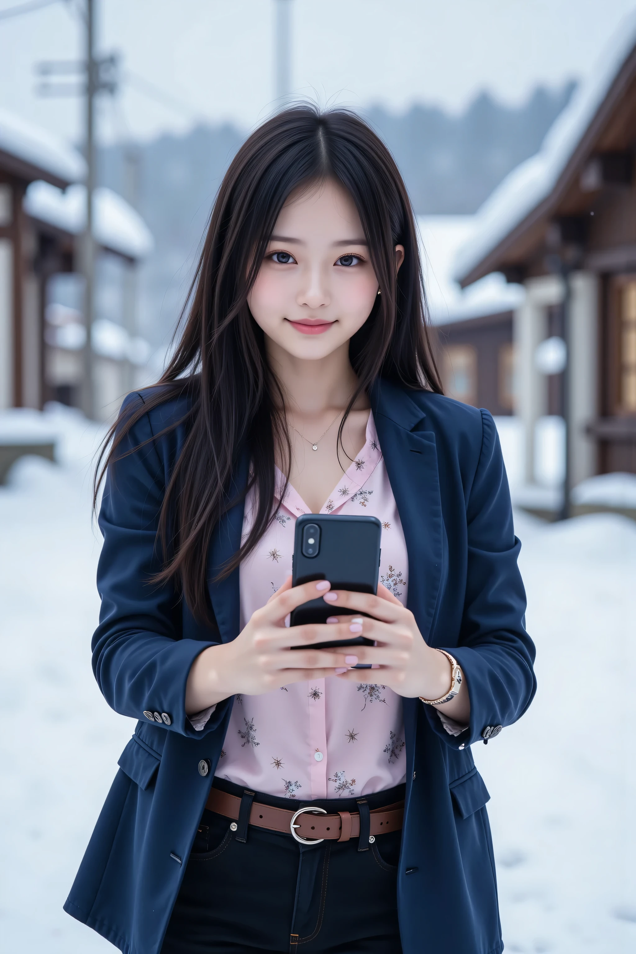 A realistic Galaxy smartphone selfie of an amateur Japanese woman, framed in a close-up zoom angle focusing on her upper body and face (from chest to above the head), taken in a snowy Hokkaido mountain village with blurred snow-covered trees and cabins in the background. She has a cute, warm smile, fair complexion, and long straight dark hair, wearing a lightweight tailored blazer (navy blue with a modern fit), a floral print blouse (light pink with small white flowers), and black skinny jeans. She’s holding a Galaxy smartphone (with a sleek design and large screen visible) naturally with both hands, capturing a spontaneous, unpolished selfie. Soft winter lighting, slightly grainy texture, authentic amateur photography style, 4k resolution, realistic skin and clothing details, true-to-life colors, raw photos, selfies.
