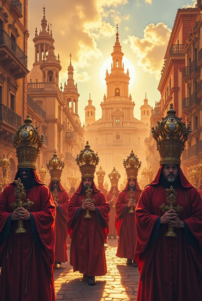 Create a photorealistic image of an Ethiopian classic Orthodox church with seven doms built on Mars ,large number of prayers wearing white cottonn clothes, the prayers stay on air only,the scene like dune film,dust storm, green,yellow and red fabric hanging over the prayers  waving,add Ethiopian flag strip on their cloth.