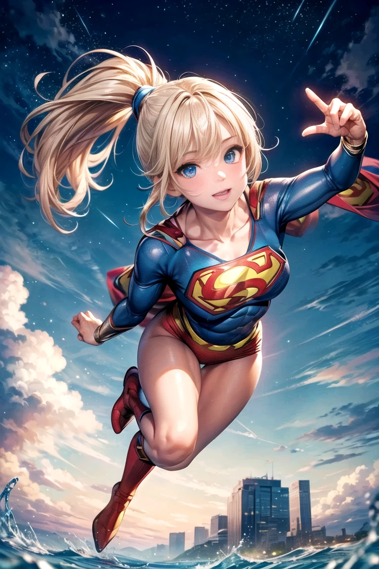 masterpiece, best quality, high school girl, superhero, heroic, leotard, bare legs, knee boots, gloves, city backdrop, twirl pose, spinning energy pulse, standing, tornado spin, whirlwind, super spin, t-pose