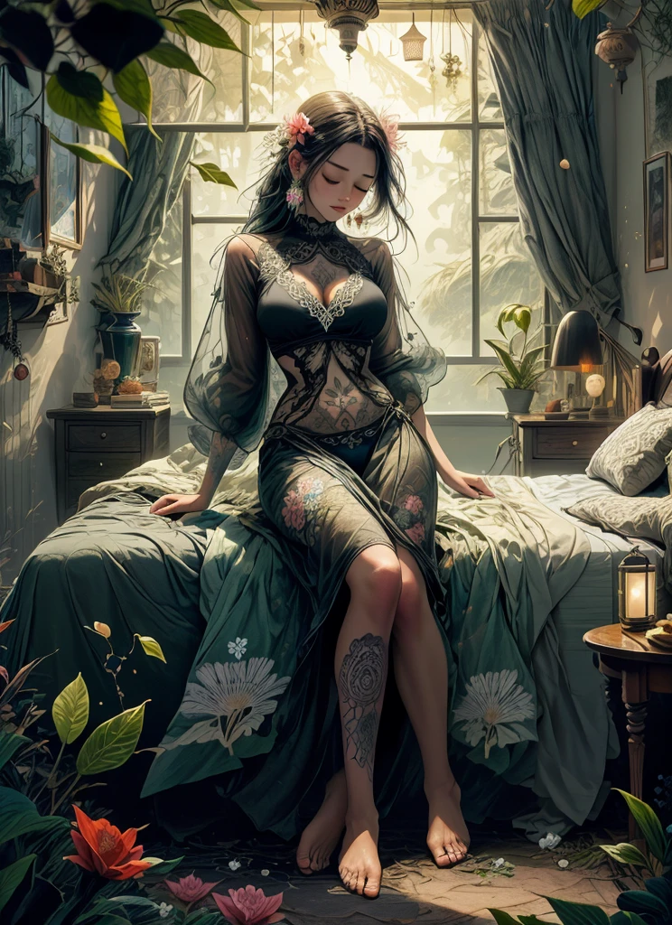 1sexy girl with forest clothes, flowers, leaves, mandalas, fractal,, Sleeping Beauty, by Bella🦋 full body, beautiful girl sleeping, room with mirror, girl sleeping on bed and sheets, old clock and lamp on table, full body, black hair, Transparent clothing,open legs, view of pubic hair, 1 sexy girl in transparent forest clothes,exposed breasts, open transparent t-shirt,mandala and flower tattoos, La mejor calidad, Obra maestra, llustration, muy delicado y hermoso, muy detallado, CG, Unidad, Fondo de pantalla de 8k, ridiculous, huge filesize, lente muy ancha, Luz suave,Sleeping Beauty, by Bella🦋 full body, beautiful girl sleeping, full body, black hair, Transparent clothing, slight smile,, open legs, view of pubic hair, 1 sexy girl in transparent forest clothes,exposed breasts, open transparent t-shirt,mandala and flower tattoos, La mejor calidad,