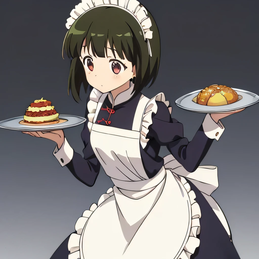 A girl wearing a maid's dress, carrying a tray with falling food,  ,Girl looking at Chinese, colorful and cute background, simple background, colorful, decorative and beautiful background, all soft colors, small flying shapes