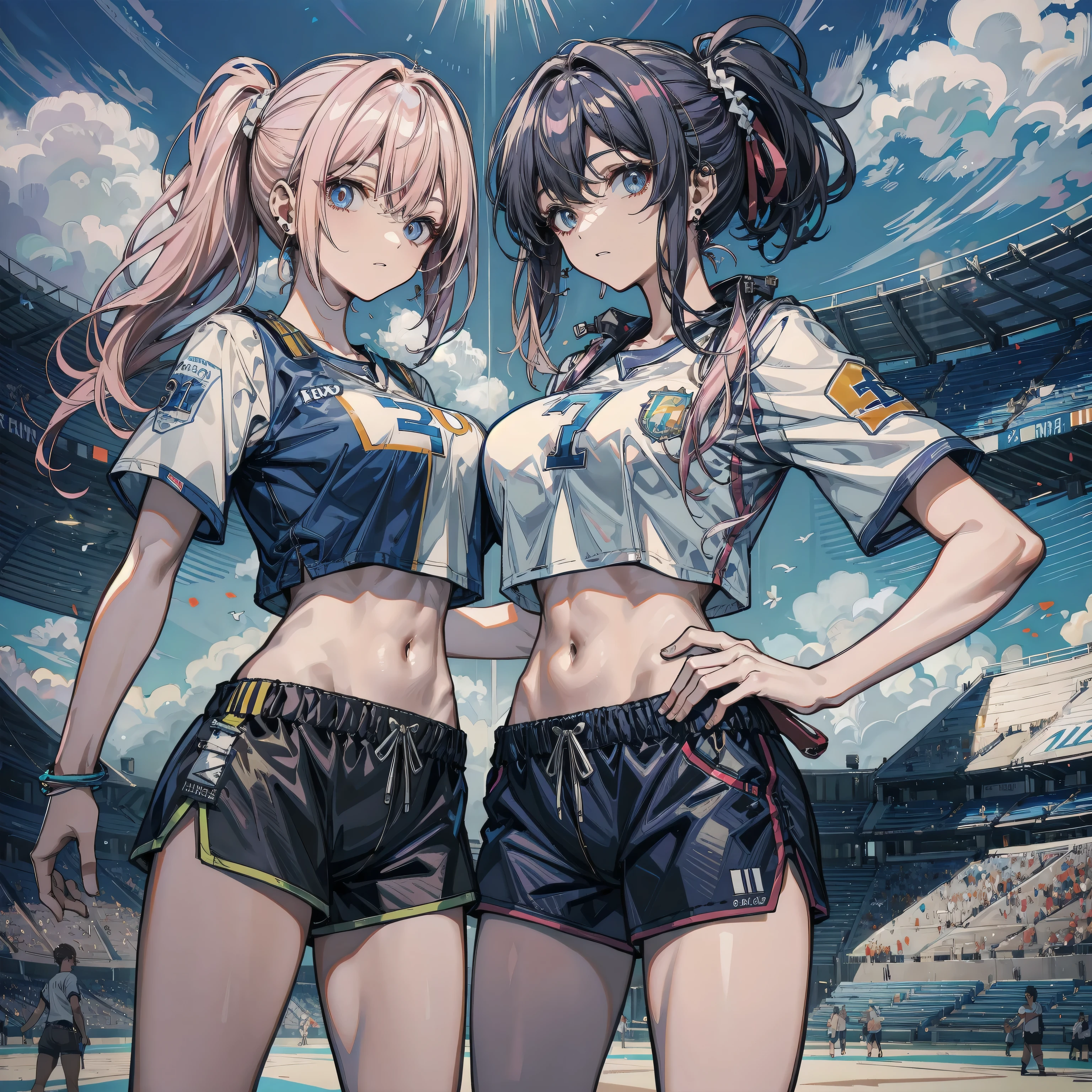 2 women hugging in a college, wearing sensual high school clothes, on a hot summer day, sensual:1,5, Iuri, lesbian,  lascivo:1,5