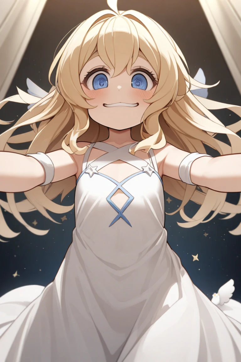 1girl, blonde hair, long hair, blue eyes, forehead, double bun, braided bun, twintails, sidelocks, keyhole, forehead mark, one-piece swimsuit, dress swimsuit, polka dot bow, orange bow, white headgear, mitre, reaching towards viewer, standing, smile, open mouth, indoors, church, sunlight score_9, score_8_up, score_7_up, score_6_up, score_5_up, score_4_up, BREAK source_anime, masterpiece