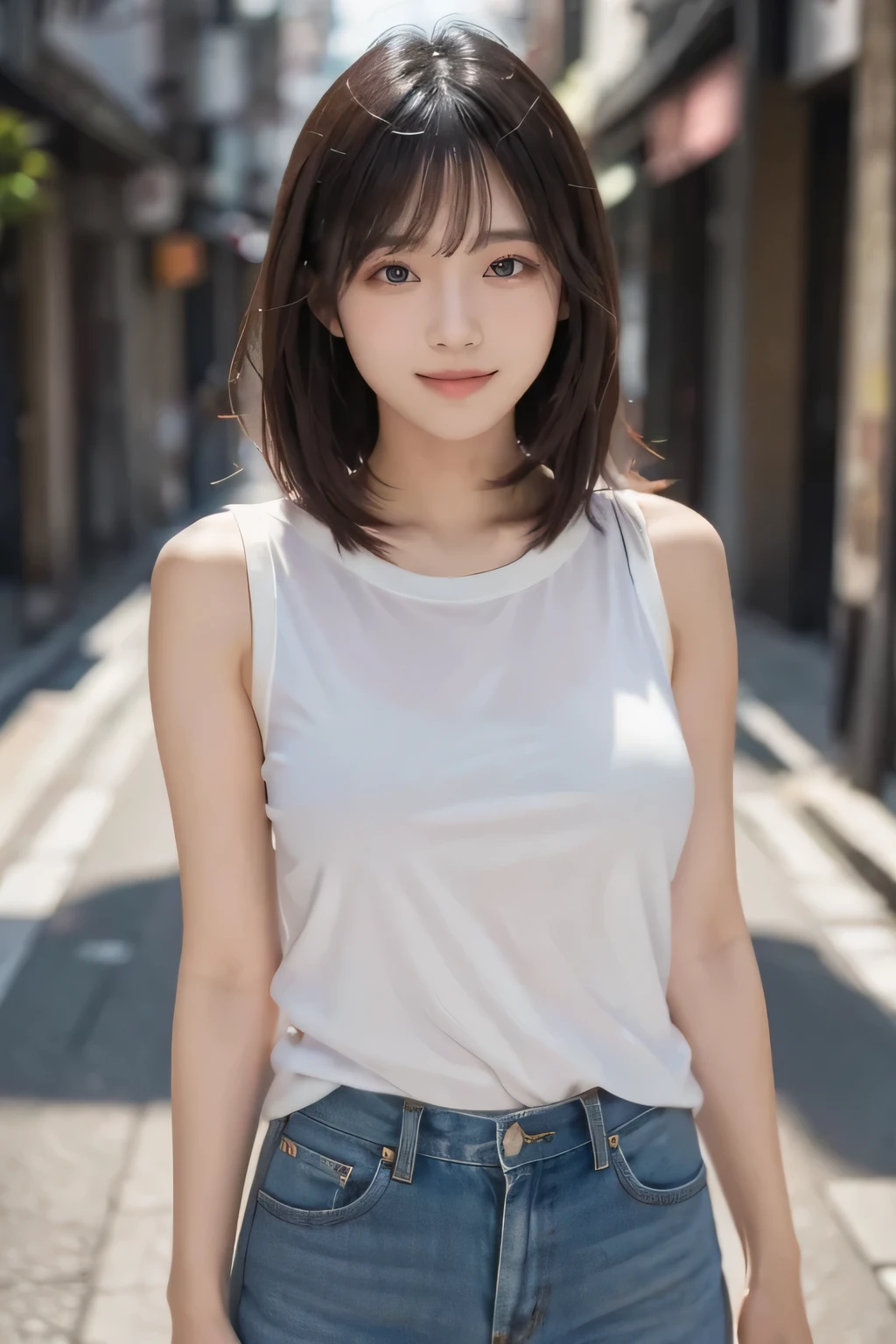 Masterpiece, bokeh, (Beautiful face), (Detailed face), (Perfect hands), (Japanese idle:1.6), (White tank tops :1.3), (black hot pants:1.3), (Plump breast:1.2), (Yellow helmet:1.2), ( Sitting on Large Bridge construction site:1.3), (Blushed face:1.3), (From below:1.6),