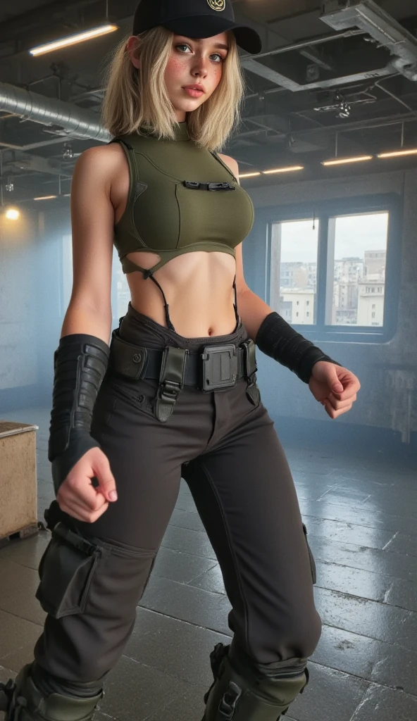 Cute toned shirtless female with a pony tail military pants and a mask from the side