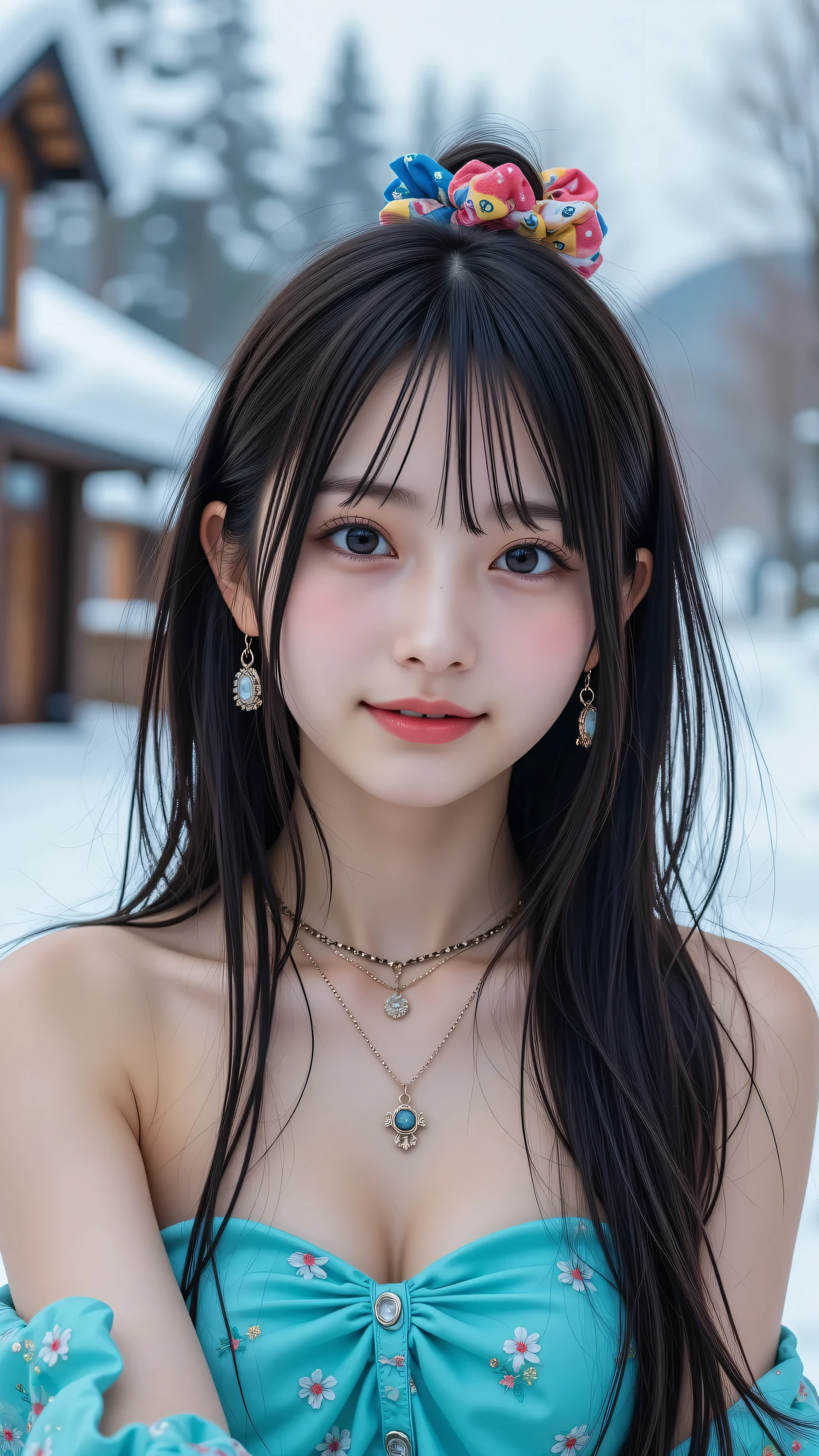 A realistic photo of an amateur Japanese woman, framed in a close-up zoom angle focusing on her upper body and face (from chest to above the head), taken in a snowy Hokkaido mountain village with blurred snow-covered trees and cabins in the background. She has a cute, warm smile, fair complexion, and long straight dark hair with a colorful scrunchie, wearing a lightweight mini dress with sequins (bright turquoise), black thigh-high boots, and layered necklaces with statement earrings. Her hand is extended out of the frame, holding a Sony Xperia smartphone (with a sleek, slim design and distinctive camera layout visible) to take a spontaneous, unpolished selfie, with no phone visible in the image. Soft winter lighting, slightly grainy texture, authentic amateur photography style, 4k resolution, realistic skin and clothing details, true-to-life colors, raw photos, selfies.