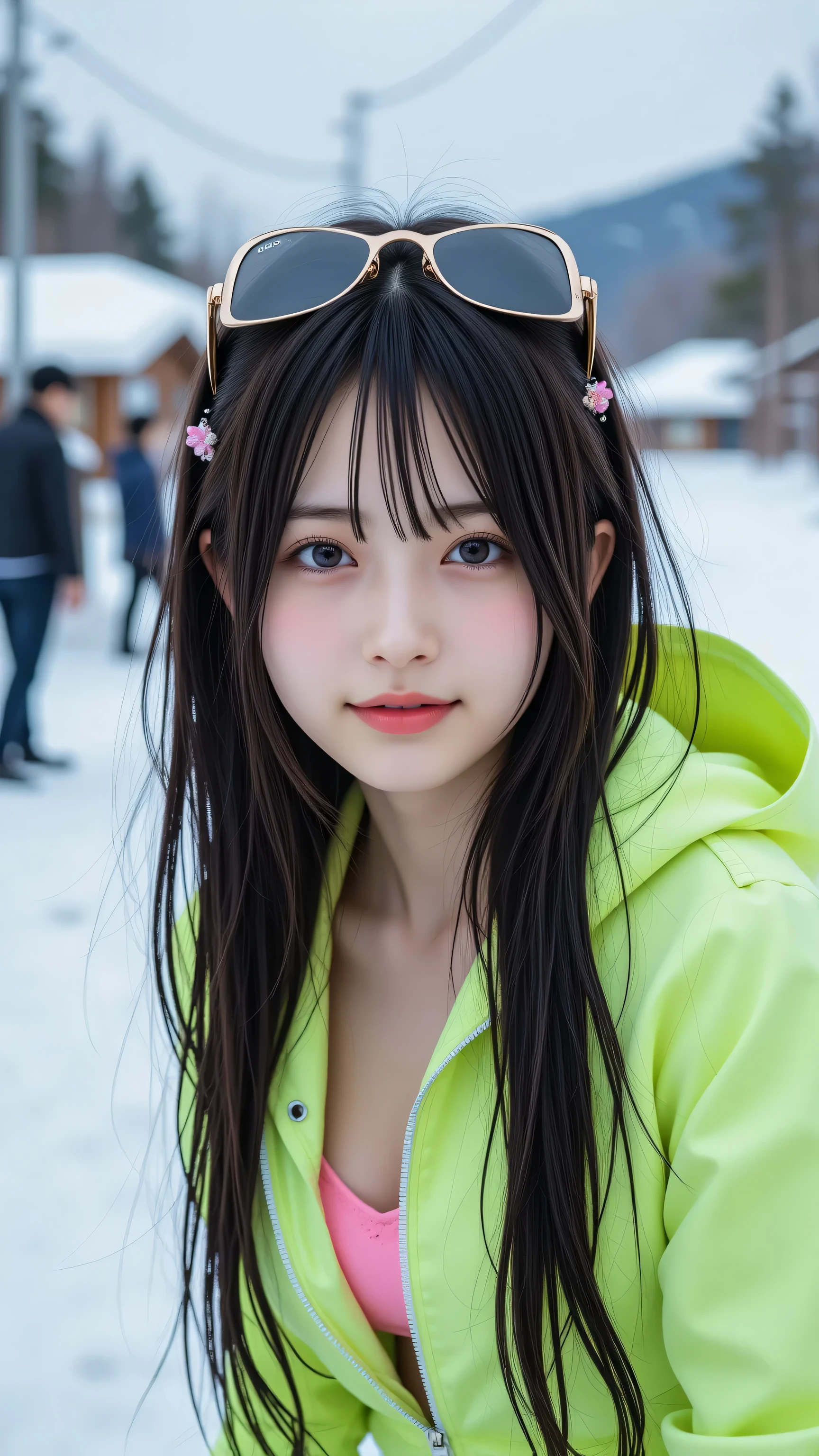 A realistic photo of an amateur Japanese woman, framed in a close-up zoom angle focusing on her upper body and face (from to above the head), taken in a snowy Hokkaido mountain village with blurred snow-covered trees and cabins in the background. She has a cute, warm smile, fair complexion, and long straight dark hair with glittery hair accessories, wearing a lightweight neon green sporty jacket, a hot pink mini shorts, and white platform sneakers, accessorized with oversized sunglasses on her head. Her hand is extended out of the frame, holding a Sony Xperia smartphone (with a sleek, slim design and distinctive camera layout visible) to take a spontaneous, unpolished selfie, with no phone visible in the image. Soft winter lighting, slightly grainy texture, authentic amateur photography style, 4k resolution, realistic skin and clothing details, true-to-life colors, raw photos, selfies.