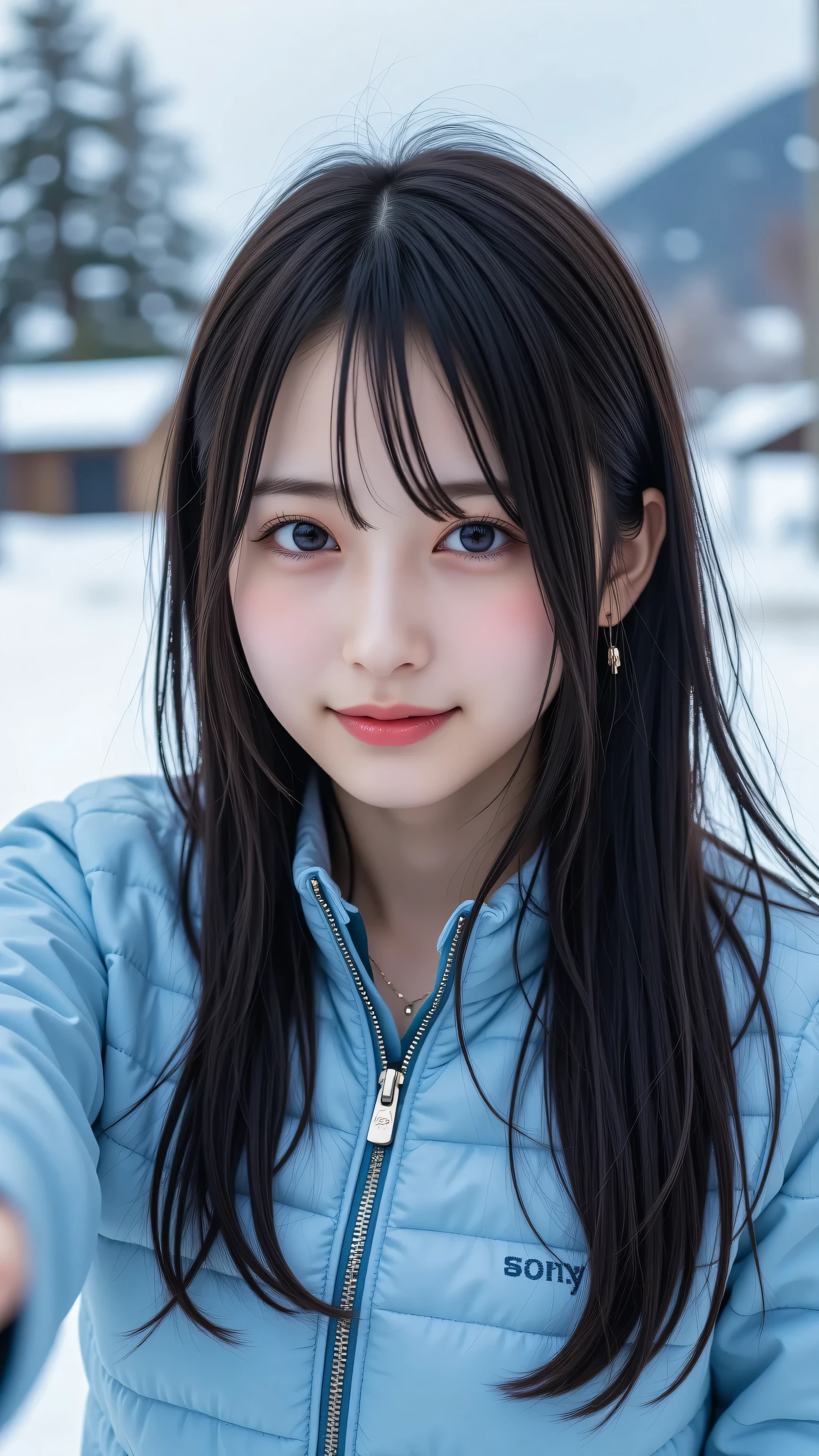 A realistic photo of an amateur Japanese woman, framed in a close-up zoom angle focusing on her upper body and face (from chest to above the head), taken in a snowy Hokkaido mountain village with blurred snow-covered trees and cabins in the background. She has a cute, warm smile, fair complexion, and long straight dark hair, wearing a lightweight quilted jacket (pastel blue with a sporty design), white high-waisted denim pants, and white sneakers. Her hand is extended out of the frame, holding a Sony Xperia smartphone (with a sleek, slim design and distinctive camera layout visible) to take a spontaneous, unpolished selfie, with no phone visible in the image. Soft winter lighting, slightly grainy texture, authentic amateur photography style, 4k resolution, realistic skin and clothing details, true-to-life colors, raw photos, selfies.