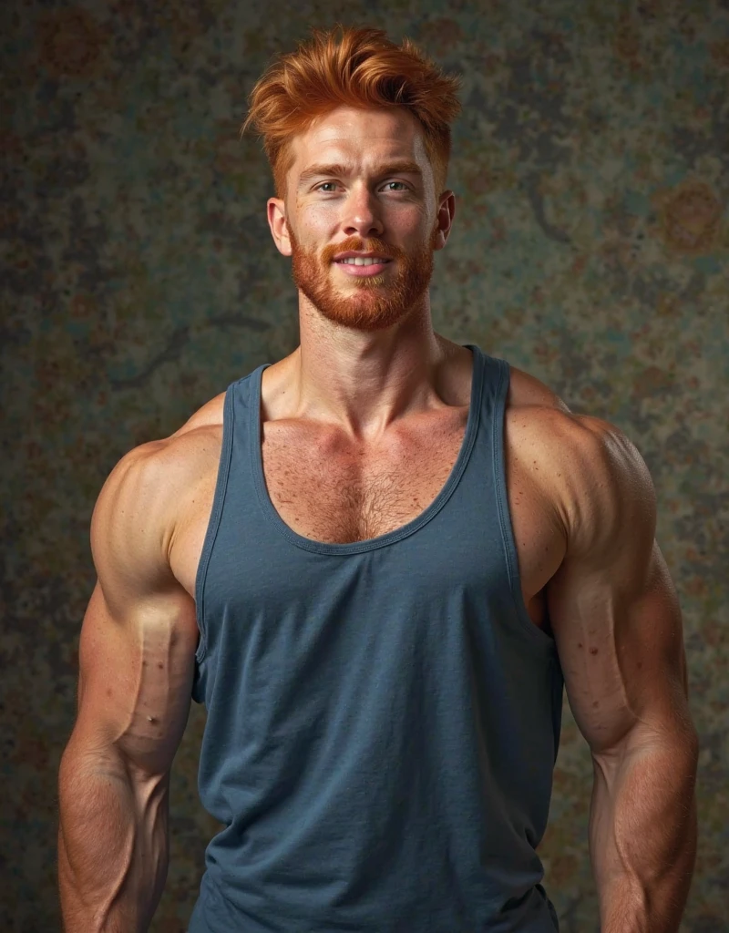 A red-haired man, body healed, Face with freckles, wearing no shirt, camouflage military pants, muscular arms, full breasts, open zipper