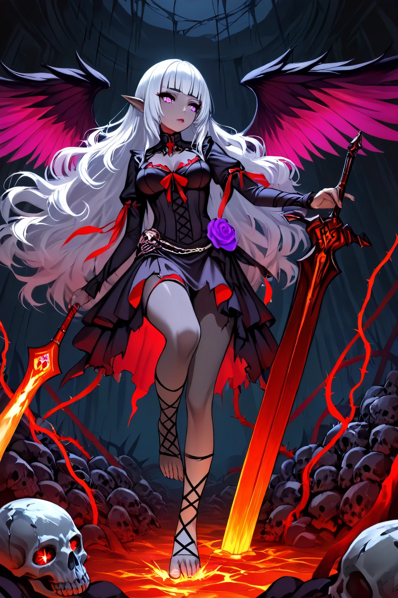 (Ultra-detailed face, Looking away, Horrific digital painting, dark fantasy illustration, dark space, Dark tone colors. She has five fingers on her hands and five toes on her feet.), BREAK
(The Queen of Darkness, in the form of a dark elf warrior, turns her back and twists her body in a daring pose, stomping one foot on a voracious pile of bones and skulls at her feet and thrusting a great sword into the skulls. In one hand, he holds a skull.), BREAK
(She has pure white hair, pure white eyebrows, blunt bangs, very long, messy wavy hair reaching down to her feet, small pink lips, red, lava sparkling eyes, dark gray skin, and thick eyeliner. On her back she has a pair of wide-open, raven-like wings. Her eyes are half-closed.), (She wears a ribbon tie with a crimson thorn chain, a tight lace-up dress made of layers of fabric with purple rose embroidery on crimson silk that is stained with a blood-red tide, and a pair of crimson laced sandals with thorns.), BREAK
(The background is glowing red and black with red gas swirling and red lightning and prominences flying about.)