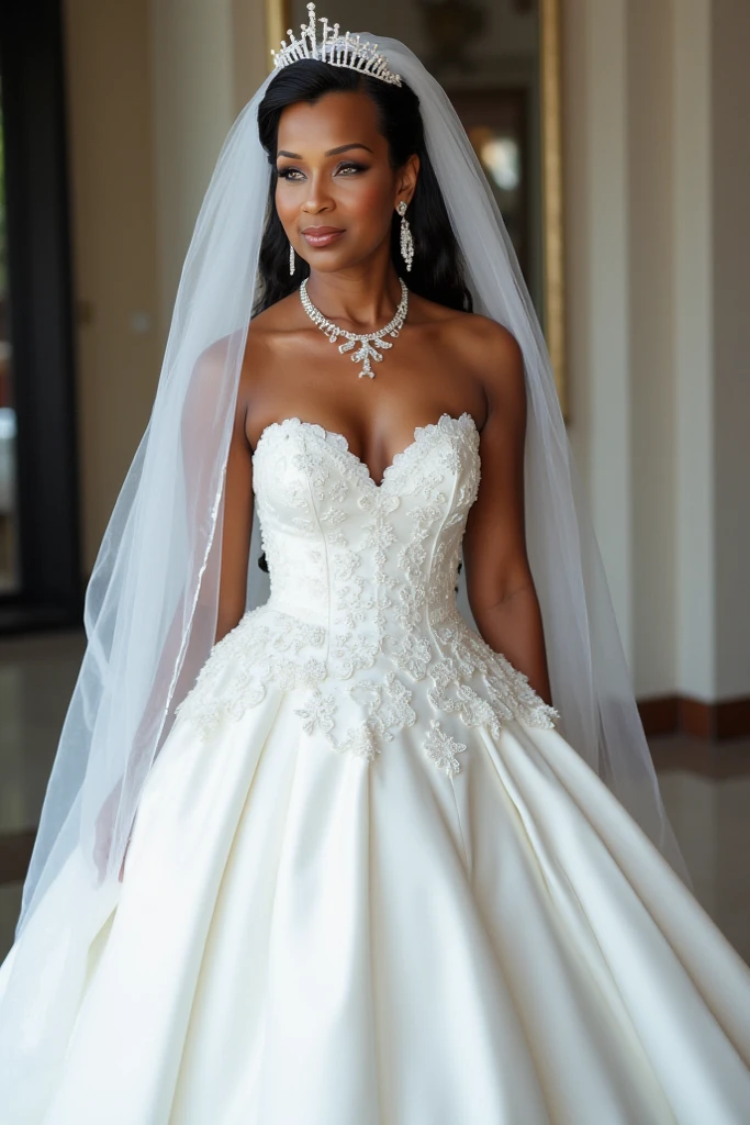 1girl, solo, (masterpiece), best quality, expressive eyes, perfect face, tamala jones, modeling in a majestic, indoor palace setting, adorned in a shimmering white satin bridal gown boasting a voluminous princess skirt, an elongated trail, a harmoniously fascinating veil, and an intricately laced and diamond-encrusted bodice with a bow. Victorian style wedding gown with lace, frills and ribbons. Elaborate victorian updo hairstyle. ribbon belt on waist, Crowning her head is a princess's tiara, while diamond earrings and necklace sparkle in contrast with the white satin of her elbow-length opera gloves, realistic, 4k, hd, detailed, perfect anatomy, perfect hands, perfect face 