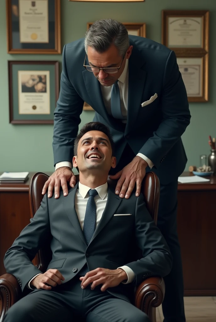 "A visually striking portrayal of two 30 years old men with slim fit physiques, dressed in stylish suits, sporting a slight beard, while engaged in a unique act of intimacy - sitting on the floor of an office and putting their feet on the partner's face