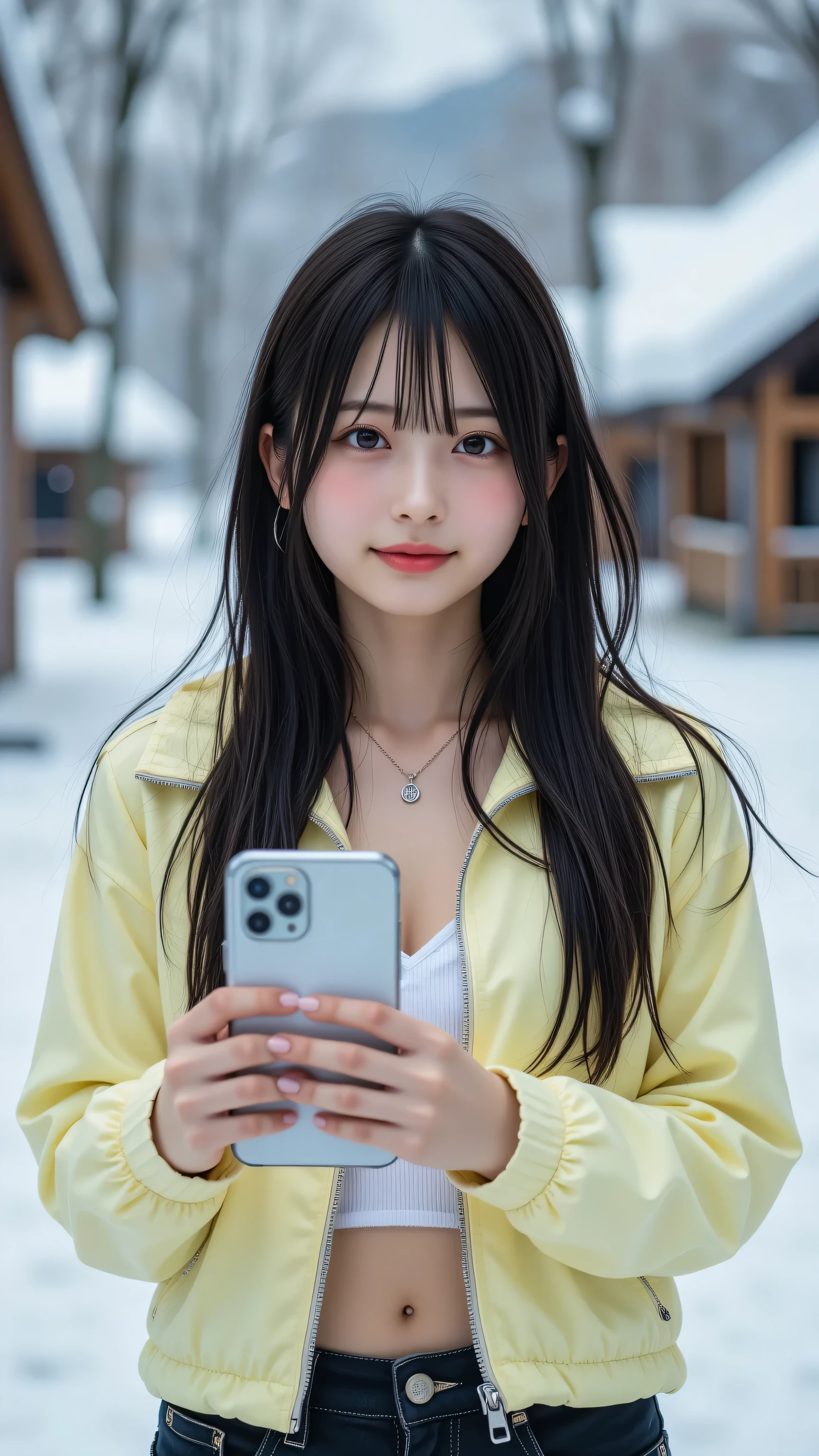 A realistic Galaxy smartphone selfie of an amateur Japanese woman, framed in a close-up zoom angle focusing on her upper body and face (from chest to above the head), taken in a snowy Hokkaido mountain village with blurred snow-covered trees and cabins in the background. She has a cute, warm smile, fair complexion, and long straight dark hair, wearing a lightweight sporty jacket (pastel yellow with a fitted zip-up design), a white crop top, and black denim shorts. She’s holding a Galaxy smartphone (with a sleek design and large screen visible) naturally with both hands, capturing a spontaneous, unpolished selfie. Soft winter lighting, slightly grainy texture, authentic amateur photography style, 4k resolution, realistic skin and clothing details, true-to-life colors, raw photos, selfies.