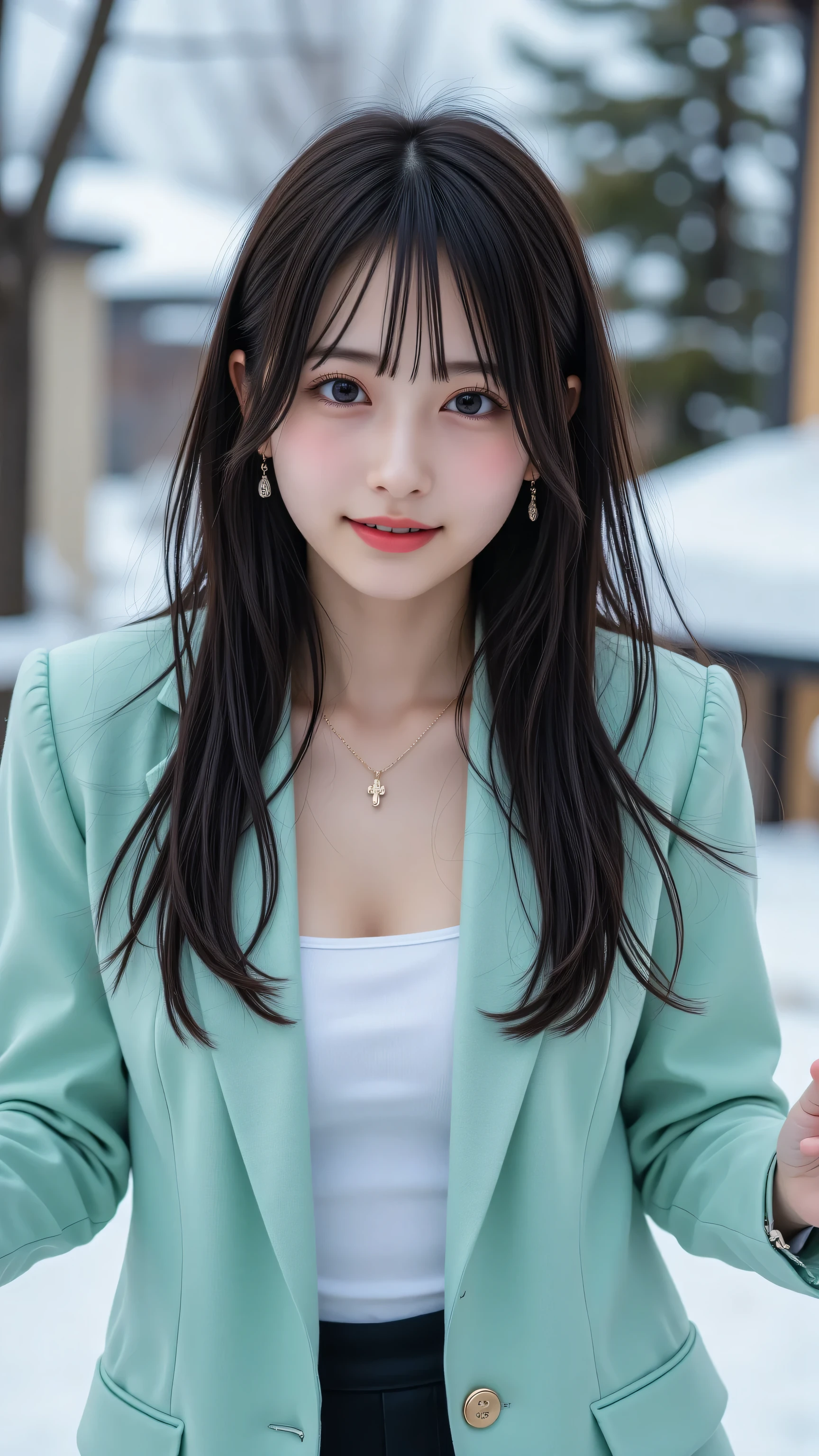A realistic Galaxy smartphone selfie of an amateur Japanese woman, framed in a close-up zoom angle focusing on her upper body and face (from chest to above the head), taken in a snowy Hokkaido mountain village with blurred snow-covered trees and cabins in the background. She has a cute, warm smile, fair complexion, and long straight dark hair, wearing a lightweight tailored blazer (pastel mint green with a modern fit), a thin white tank top, and black leggings. She’s holding a Galaxy smartphone (with a sleek design and large screen visible) naturally with both hands, capturing a spontaneous, unpolished selfie. Soft winter lighting, slightly grainy texture, authentic amateur photography style, 4k resolution, realistic skin and clothing details, true-to-life colors, raw photos, selfies.
