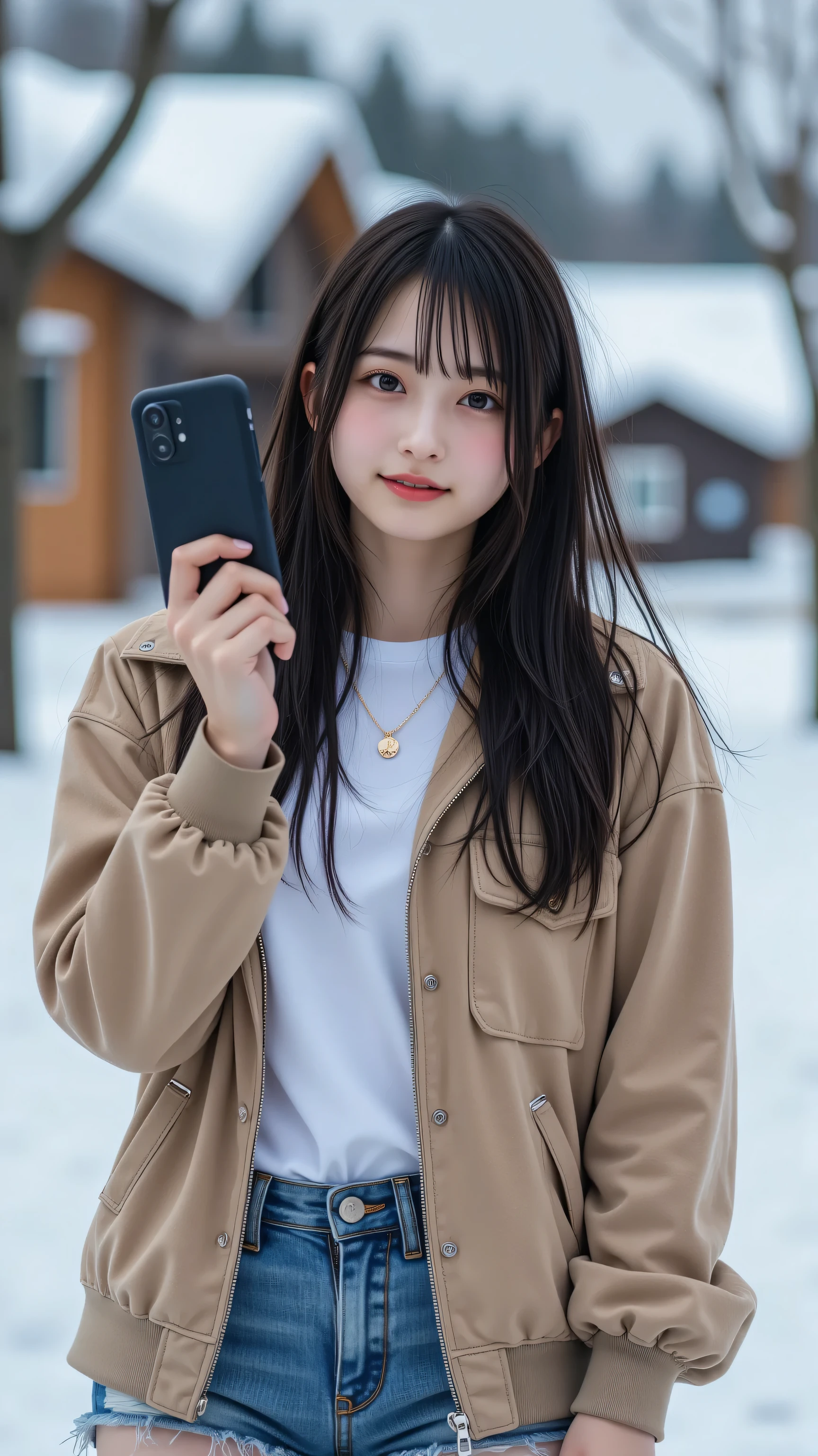 A realistic Galaxy smartphone selfie of an amateur Japanese woman, framed in a close-up zoom angle focusing on her upper body and face (from chest to above the head), taken in a snowy Hokkaido mountain village with blurred snow-covered trees and cabins in the background. She has a cute, warm smile, fair complexion, and long straight dark hair, wearing a lightweight suede jacket (beige with a soft texture), a white t-shirt, and high-waisted denim shorts. She’s holding a Galaxy smartphone (with a sleek design and large screen visible) naturally with both hands, capturing a spontaneous, unpolished selfie. Soft winter lighting, slightly grainy texture, authentic amateur photography style, 4k resolution, realistic skin and clothing details, true-to-life colors, raw photos, selfies.