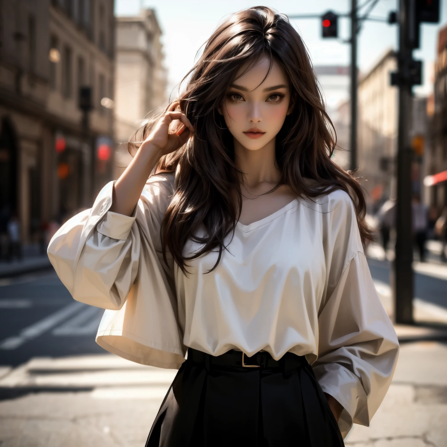 ((best quality)), ((Masterpiece)), ((Enrich the picture,Masterpiece level quality)), red hair, long hair, very big breasts, golden eyes, fierce woman, street fasion, mini white shirt, mini black skirt, sexy jacket, at night, best quality, eyes detail, realistically, (cinematic lighting, moody, textile shading), perfect proportions, ultra detailed, volumetric lighting, soft lighting, glossy skin,