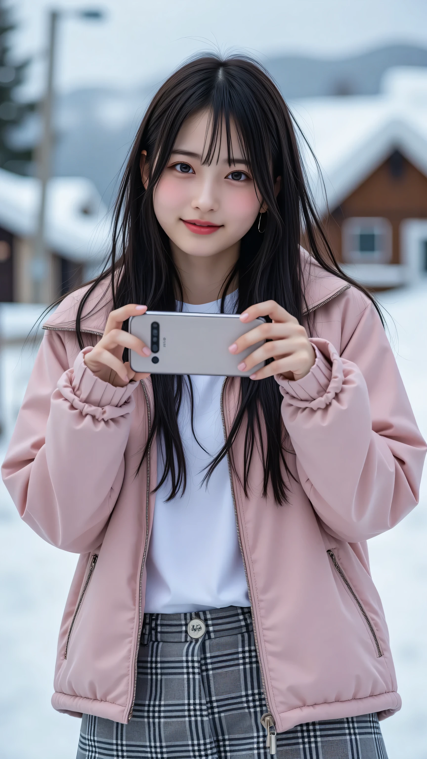 A realistic Galaxy smartphone selfie of an amateur Japanese woman, framed in a close-up zoom angle focusing on her upper body and face (from chest to above the head), taken in a snowy Hokkaido mountain village with blurred snow-covered trees and cabins in the background. She has a cute, warm smile, fair complexion, and long straight dark hair, wearing a lightweight trendy spring jacket (pale pink with a sporty zip-up design), a plaid mini skirt (gray and white checkered pattern), and white sneakers. She’s holding a Galaxy smartphone (with a sleek design and large screen visible) naturally with both hands, capturing a spontaneous, unpolished selfie. Soft winter lighting, slightly grainy texture, authentic amateur photography style, 4k resolution, realistic skin and clothing details, true-to-life colors, raw photos, selfies.