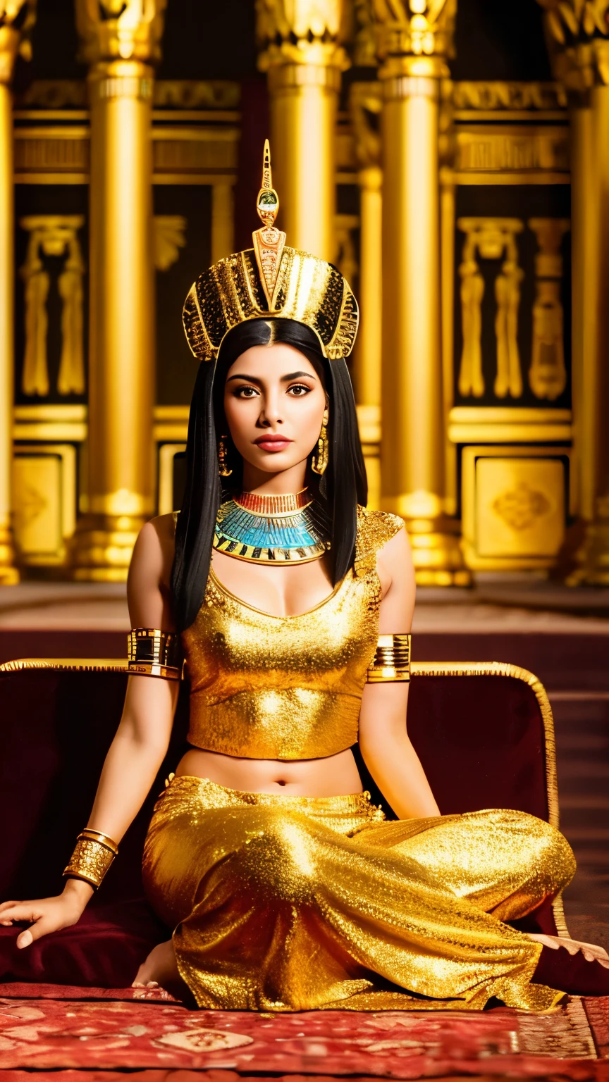 Queen Cleopatra sitting on a golden throne, com uma coroa de cobra e um leque de penas, cercada por servos e guardas.
separated-lips, olhos castanhos claros, olhos brilhantes