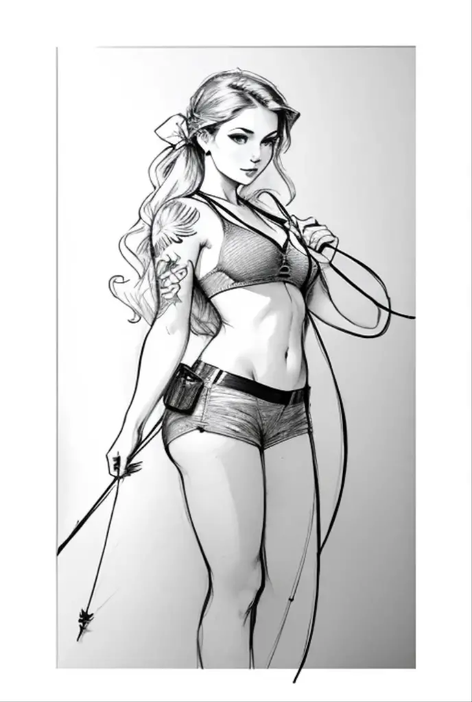 coloring book for adults. Black and white only. Low-detail mainline only..cowgirl.Full body image of a blonde woman.no background