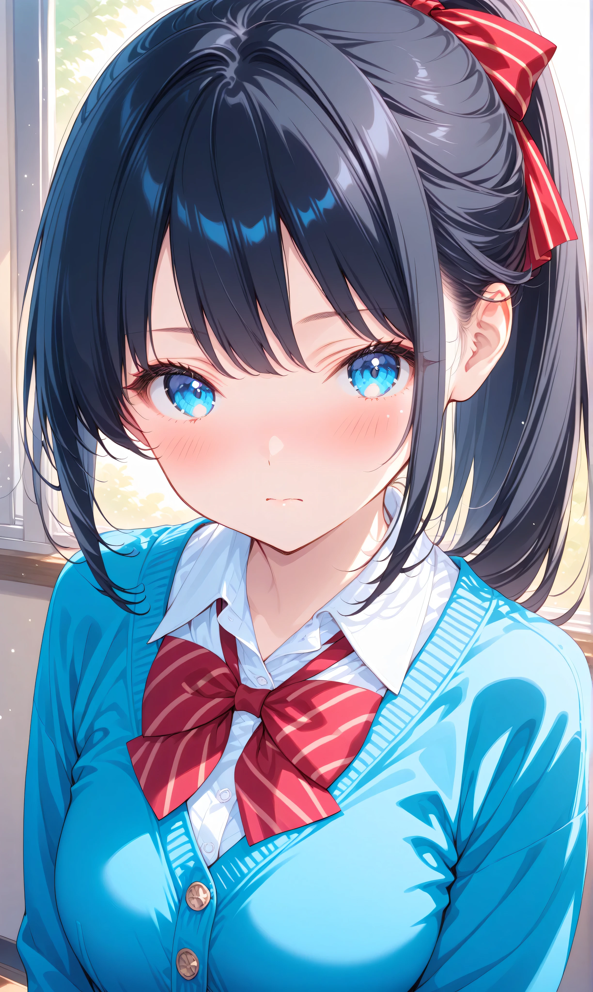 (watercolor:0.4)、( pastel :0.6)、 1girl , Alone, blue eyes, black hair, ponytail, bow, looking at viewer, Cardigan, school uniform, blush, shirt, white shirt, long hair, bowtie, red bow, bangs, closed mouth, collared shirt, upper body, long sleeves, blue Cardigan, striped bow, striped