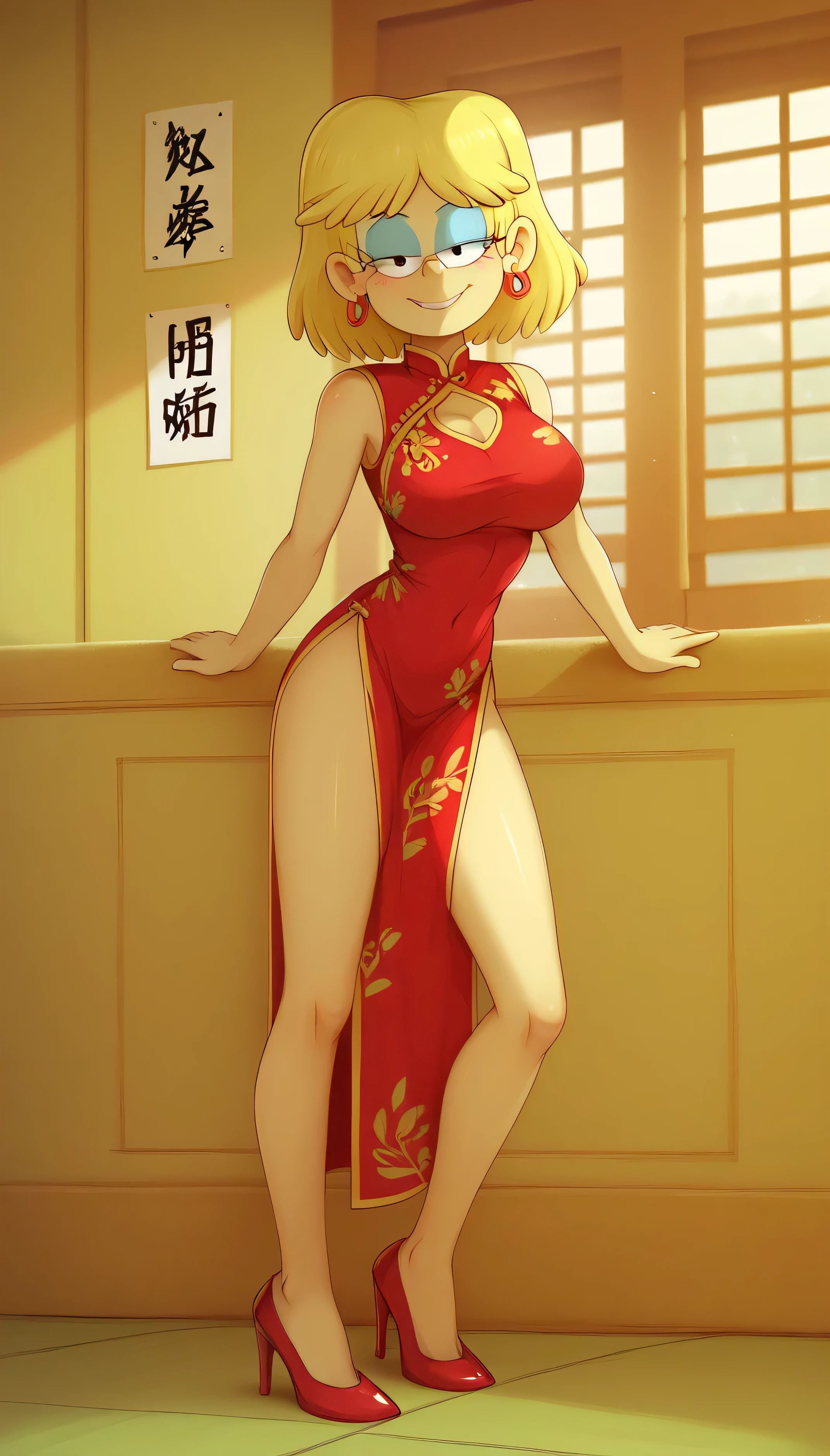 safe_pos, score_9, score_8_up, score_7_up BREAK blonde hair, medium hair, earrings, blue eyeshadow, lori loud, the loud house, BREAK large breasts, BREAK looking at you, red cheongsam, inside of a chinese temple, full body view, smile, sexy pose, half closed eyes, seductive eyes, pursed lips, motion lines, chest window, red high heels, standing