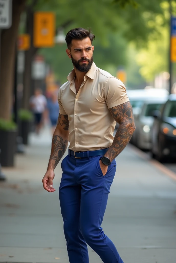 sideways,A young and stylish man walking on a tree-lined street during the day.  he has an athletic physique  , tanned skin, thick legs and well-groomed beard. Her hair is dark and slightly messy. He wears a tight nude dress shirt that highlights his muscles, fitted royal blue dress pants. Your arm has detailed tattoos. He has a confident expression and a determined gait. The background shows Times Square in the afternoon, natural and vibrant . The scene has a realistic photographic style with soft natural lighting,Not bald 

