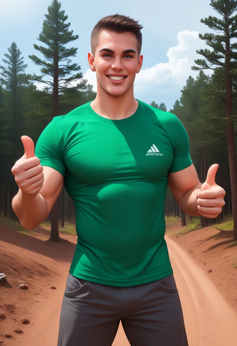 ((Handsome 35 year old caucasian male with desireable features standing outside with a green chameleon on his shoulder)), BREAK, (medium length light brown hair, cropped sides, clean shaven face, no facial hair, intriguing green eyes), BREAK, black shirt, athletic physique, crisp morning lighting highlights his excellent features