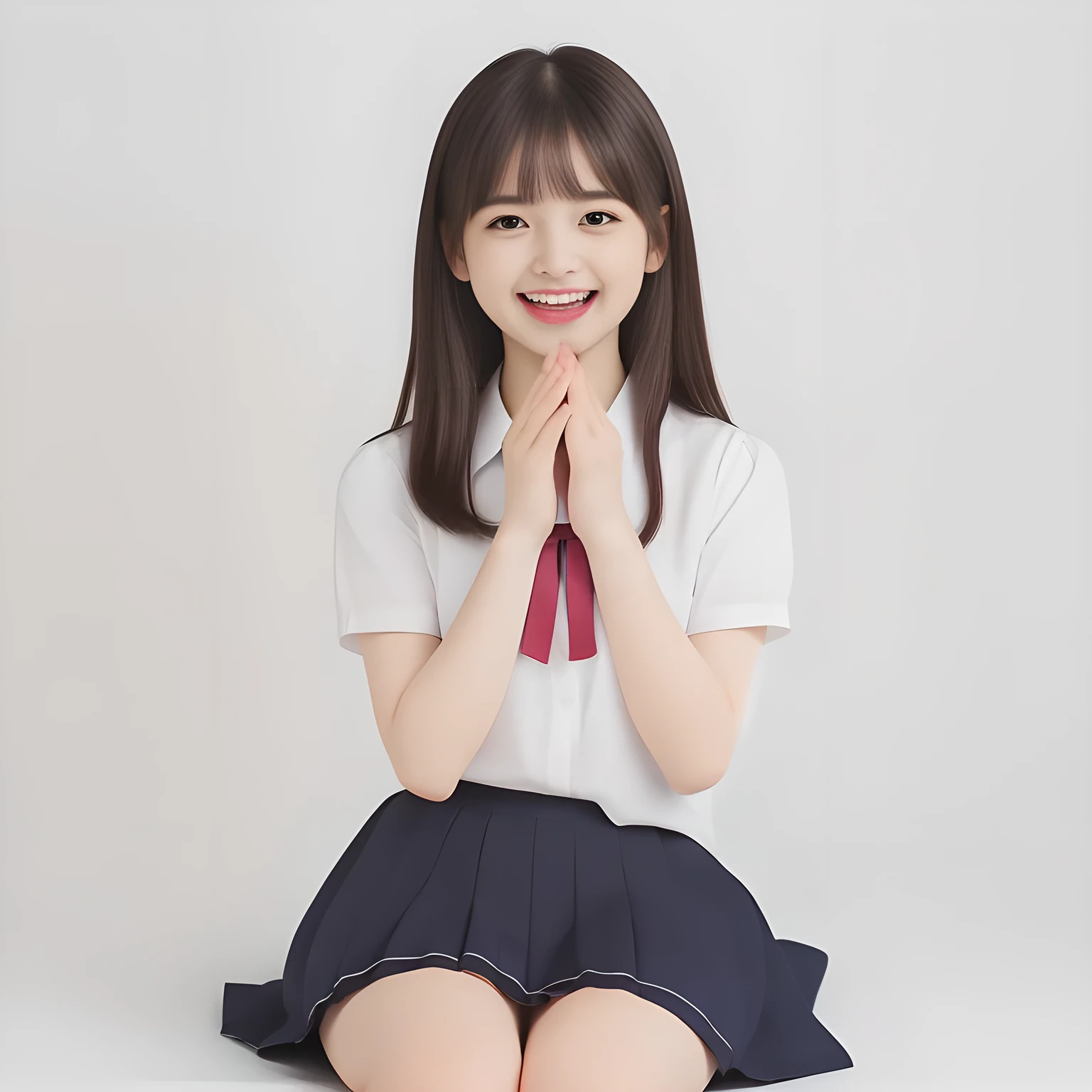 (highest quality, masterpiece, high resolution:1.2), 4K, (Photo quality detailed foreground: 1.2), geometry, ((Two yo too beautiful girls), Cute noble beautiful slender girl girly short-bobbed-hair Japanese photo model seated in a white room and looking at the viewer with her too beautiful eyes like ( fashion model's laughter): 1.3), (Using expensive face-whitening cosmetics to make her skin more beautiful and pure by professional makeup artist: 1.5), (devious girlish fascinating laughter in bliss, devious girlish pose: 2.0), Laughing cutely, ((Dark blue) Japanese school girly vest Uniform with neat girly light-yellow short-sleeves school blouse, puffed short sleeves: 1.2), (white socks and school loafers, kicking back: 1.5), (Dark red glossy glossy school ribbon on the breast: 1.0), (Extremely laughing cheeks: 1.8), (Beautiful light-amber large clear open eyes with balanced and detailed cutely: 1.4), (double eyelids: 1.0), (highly curled bangs: 1.2), (Expressing the greatest joy with her whole body: 1.2), (Glossy lips: 1.0), ((too cute) shot bobbed hair: 1.7), (cute earrings), (making the viewer crazy with her beautiful hands: 1.6), (white and clear skin: 1.0), (Laughing 13 cute princess's eyes looking at me: 0.8), (Very shy, cute, slender, pretty, pretty, too girly & Girlish: National Beautiful Girl Grand Prix winners: 2.0), (Everything is organized to have strong effect of hypnosis for the viewer to fall into happy dream with many beautiful girl's smile: 1.5), (The viewer must be transferred to the world of only beautiful girls right now when he sees the (detailed beautiful face of girls) in the picture: 2),(Tight waist, slender: 1.5), (The neat girls know well about the viewer's super fetishism for school uniforms, and satisfies the viewer completely with skirt: 1.9)