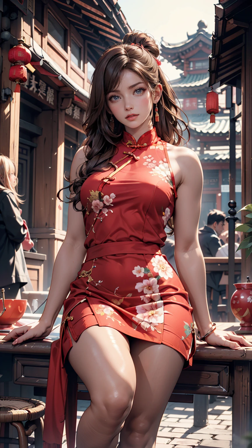 ((Red brown hair:1.6)), ((hair bun on both sides:1.6))(comic cover:1.4),masterpiece, best quality,2girl,young girl, plum_pie eyes, brown, choppy bob,envious _face,shiny skin,medium breasts,nice leg line:1.3,lolita_dress,red color high heels, Pathway_lined_with_blooming_cherry_blossom_trees,crowd,looking at viewer,from front:1.3,full body, legsupsexms,crowd, pull skirt