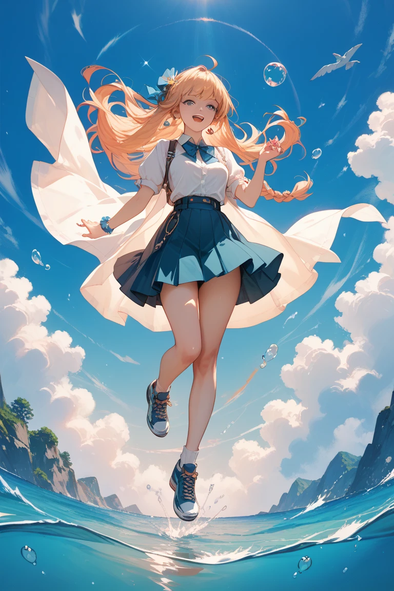 (A girl jumping on a beautiful fluffy cloud,The feet are entangled in clouds,Sea of clouds at the feet of the girl:1.25),(Cowboy shot,Above Knee Portrait:1.25),Aerial view,concept-art,sky,ventania,Beautiful fluffy clouds,anime big breast,Flowers,surrealism painting,Ultra-fine strokes, in the style of charming character illustrations,the stars art group,Fairytale inspiration,Glowing 3D clouds,Whimsical cartoon style,Multidimensional shading,Crepuscular Rays,Animation matrix,tatami galaxy,Kells' Secret,Wind blows,Flowing hair,Flowing clothes,